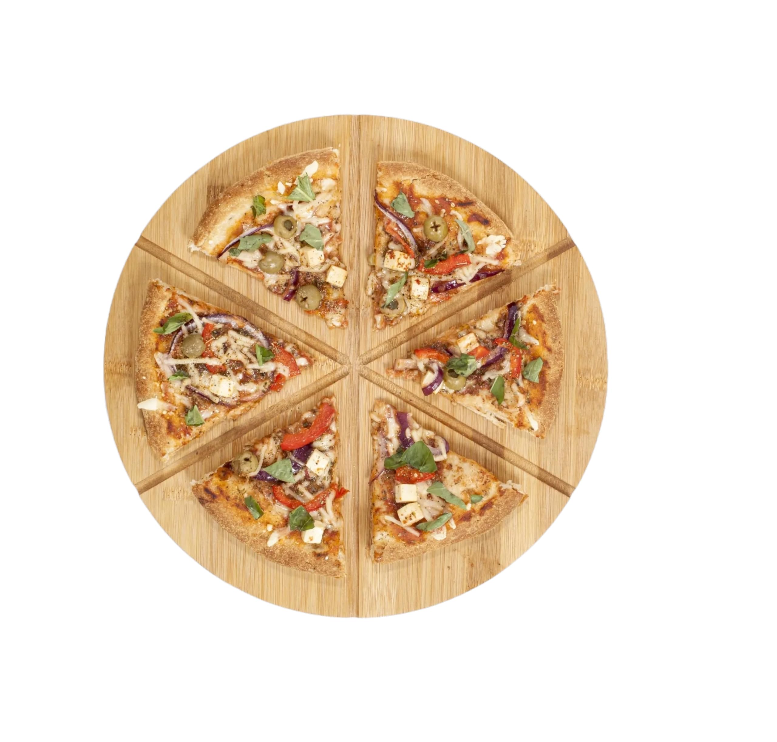 MAGNA RETAIL Bamboo Pizza Cutting Board | 33cm Serving Pizza Tray with 6 Groove Guides | Serving Platter | Round Board