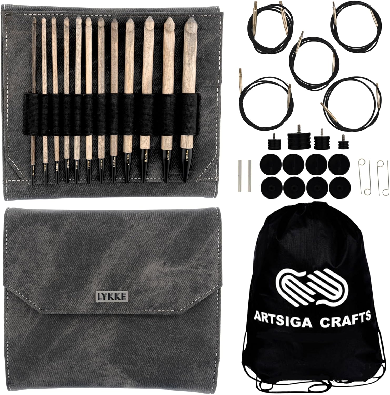 Lykke Driftwood 6 in. Set Sizes 3.5, 3.75, 4.0, 4.5, 5.0, 5.5, 6.0, 6.5, 8.0, 9.0, 10.0, 15.0 mm Tunisian Crochet Hooks for DK, Worsted, Super Chunky Yarn, Birchwood, 5 Cords, Grey Case, Project Bag