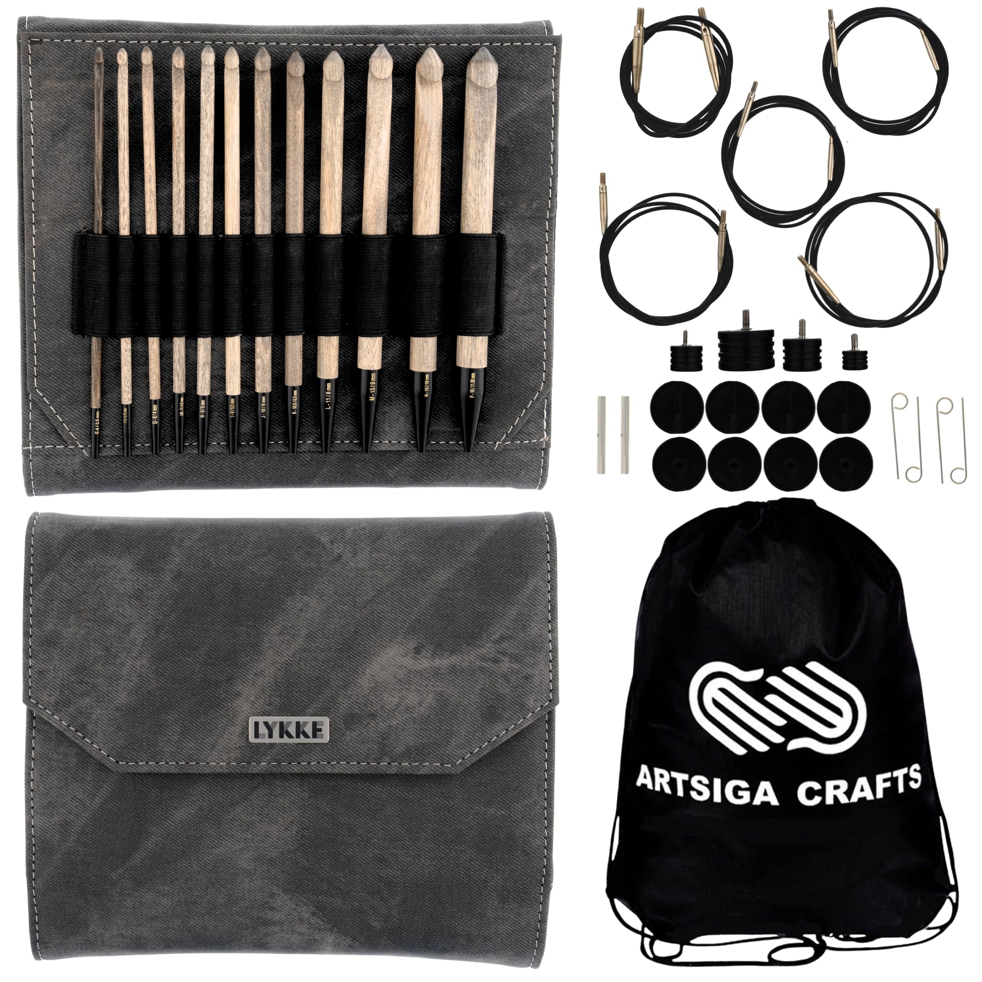 Lykke Treibholz, austauschbares Häkelnadel-Set, Birkenholz, 15 cm, US E4, F5, G6, 7, H8, I9, J10, K10.5, L11, M13, N15, P16, inklusive grauem Denim-Etui, gebündelt mit 1 Artsiga Craft-Projekt-Tasche