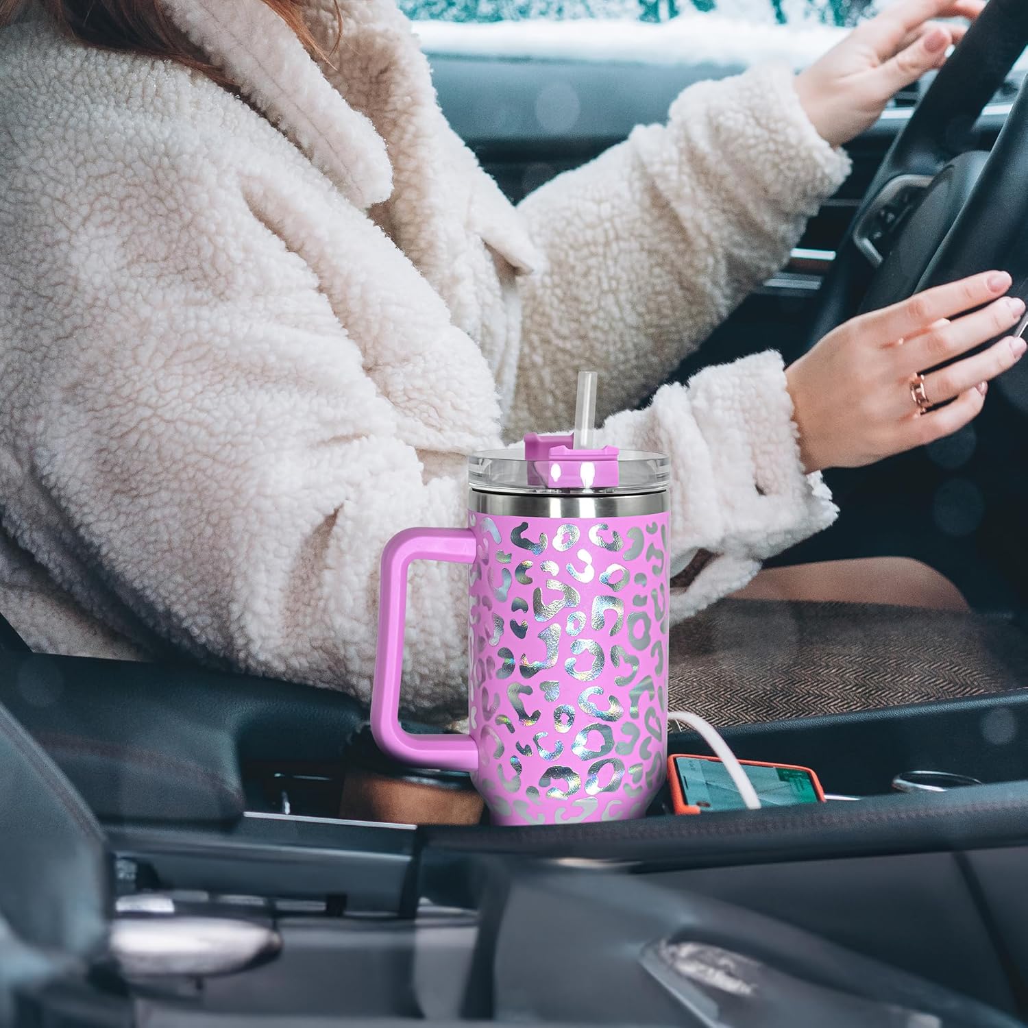 40 oz Tumbler with Handle and Straw, 100% Leak-Proof Travel Mug, Stainless Steel Double Wall Vacuum Insulated Coffee Cup Keeps Cold For 34 Hours, Dishwasher Safe, Lavender Rose Leopard - Image 6
