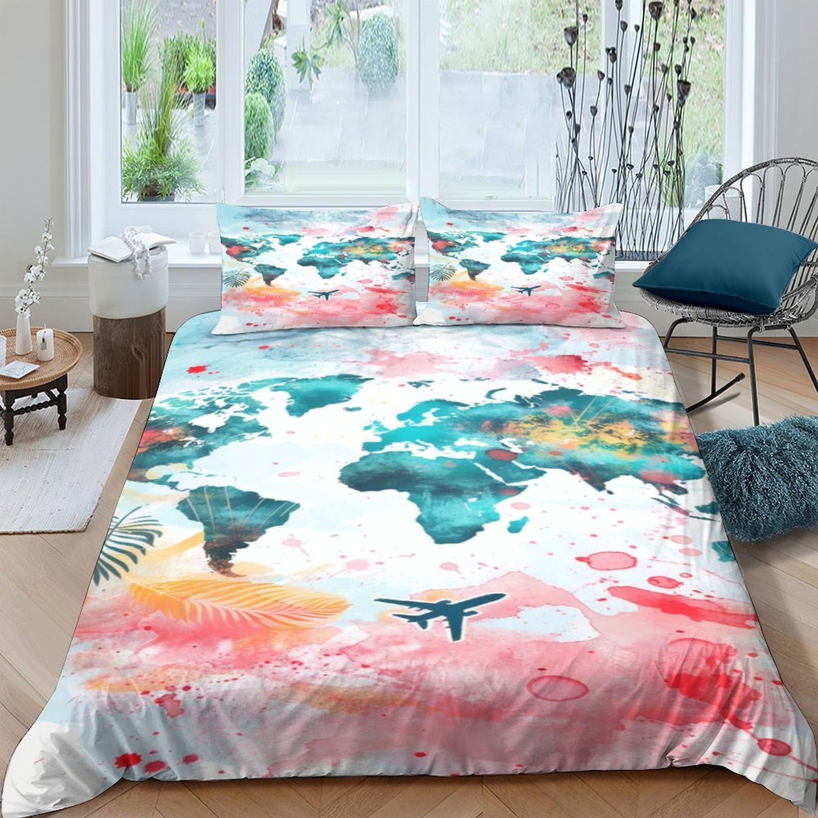 Ctjqhvkz Style-5 3D Printed Watercolor World Map Fitted Sheet Microfiber Soft Artistic Abstract Mattress Cover For Bedroom Dorm Home Decor Single（135X200cm）
