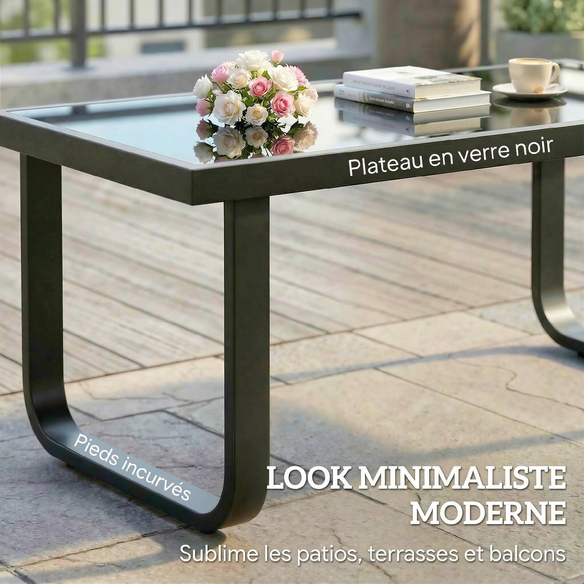 Outsunny Table Basse de Jardin Rectangulaire, Pieds Incurvés, Plateau en Verre Trempé, Table d'Appoint pour Terrasse Balcon Jardin, 90x45x33cm, Noir