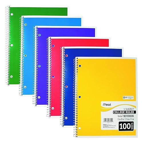Mead Cuaderno de una asignatura reglas universitarias colores surtidos 100 hojas paquete de 6