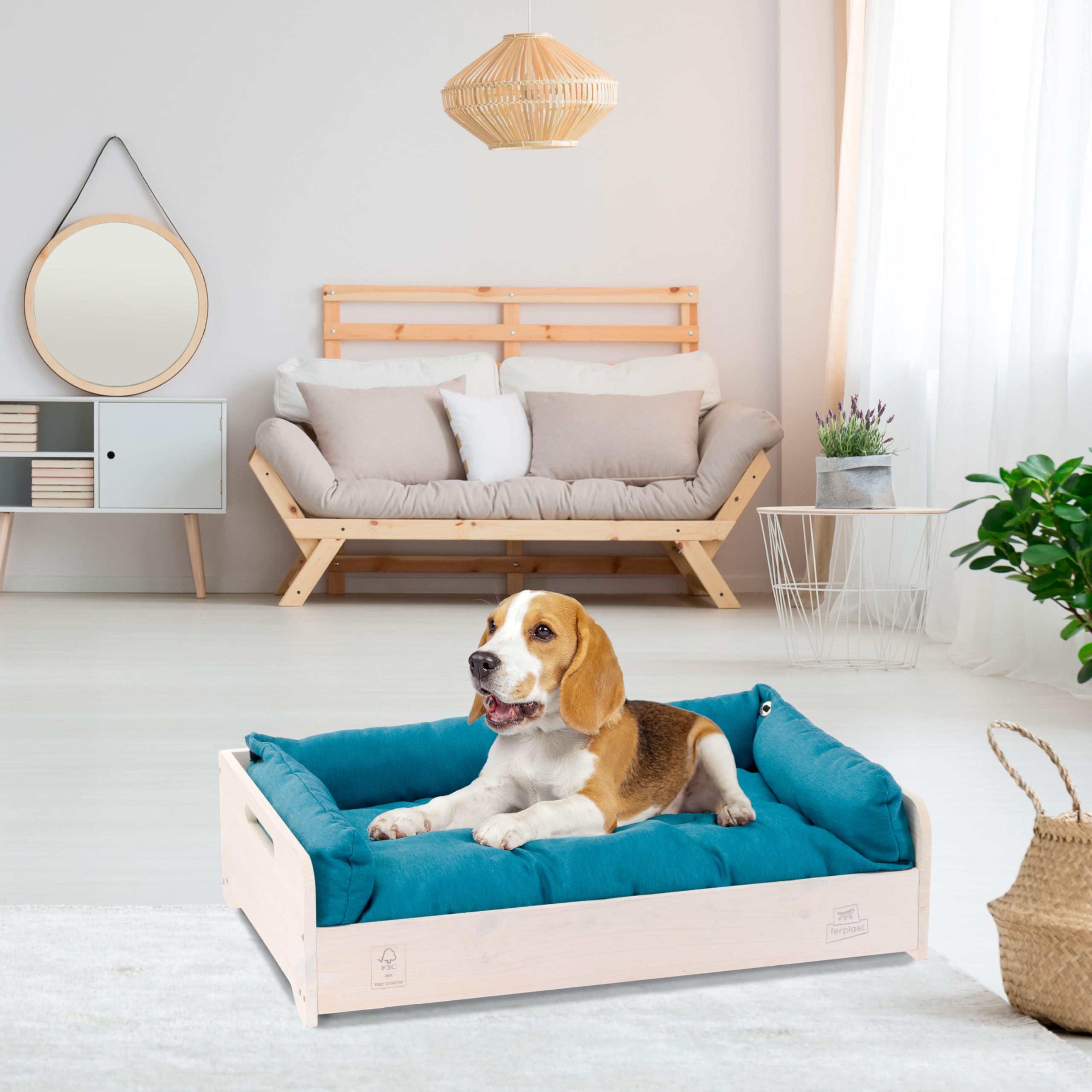 Ferplast Cuccia Cane e Gatto con Cuscino HALL, Lettino per Cani Gatti Lavabile, in Legno FSC, Cuccia per Cane da Interno, Cani Piccoli e Gatti, Traspirante e Antiscivolo, 67 x 43 x h 17 cm