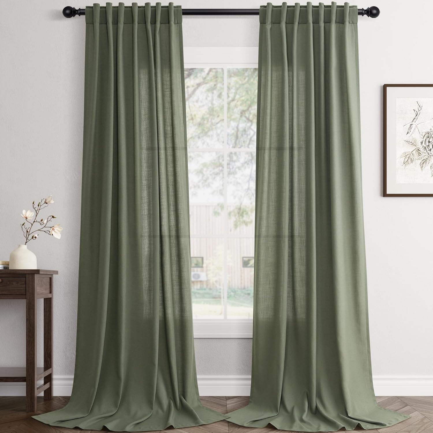 Olive Green Linen Curtains 96 inch Length 2 Panels Set Modern Farmhouse Living Room Drapes Light Filtering Rod Pocket Back Tab Filtering Privacy Semi Sheer Curtain 96 inches Long Olive Green 52"W x 96"L (Pack of 2)