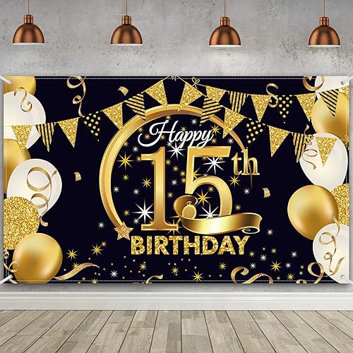 Decoración de fiesta de cumpleaños número 15, cartel póster de tela extra grande negro y dorado para telón de fondo de cabina de fotos de