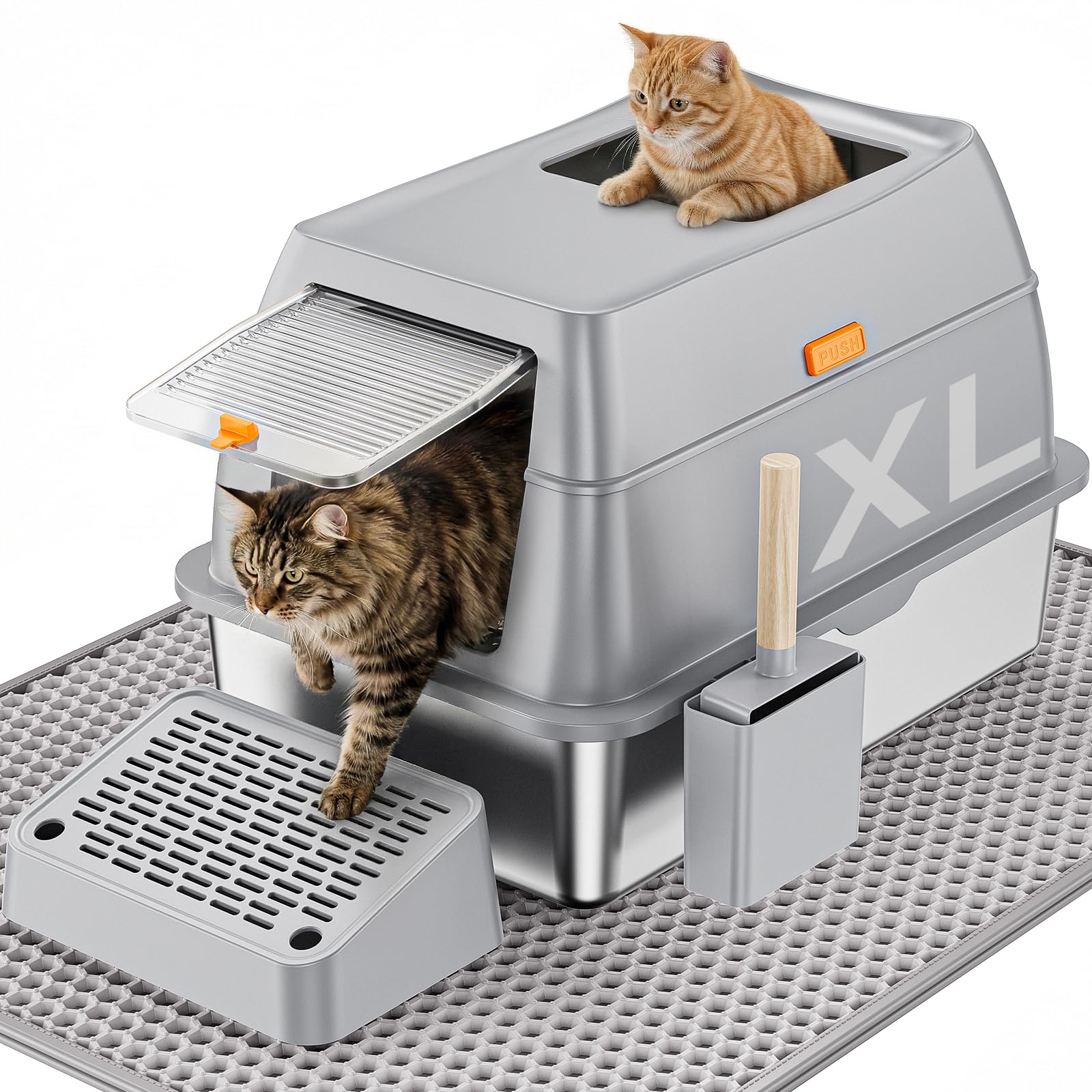 Stainless Steel Cat Litter Box with Scoop, Metal Litter Box High Sided, Cat Litter Box Enclosure, XL Extra Large High-Sided Litter Boxs (Anti-Urine Leakage, Include Scoop) (Grey)