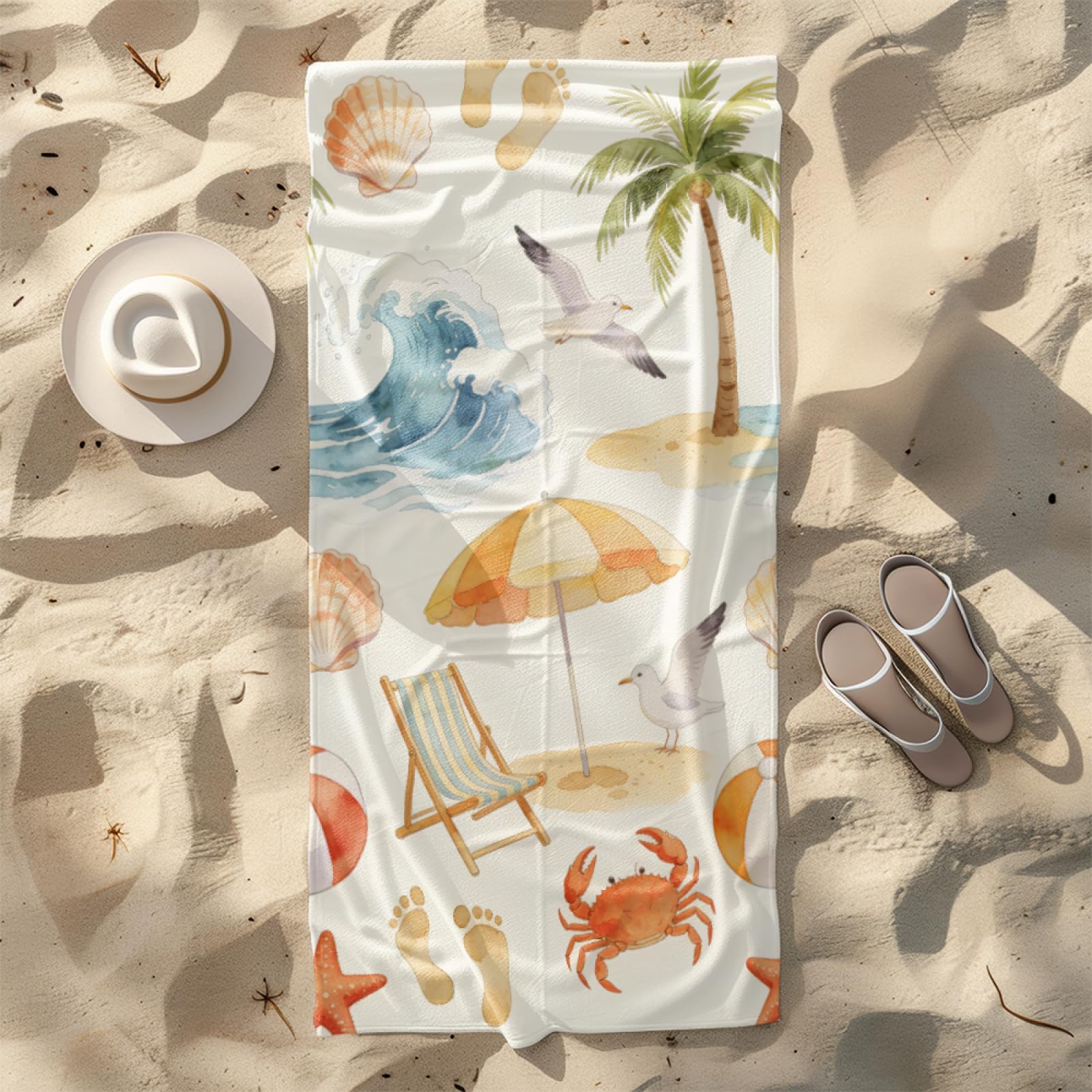 Tapis de Plage XXL Anti Sable Crabe Mouette Serviette Piscine Adulte,Natte De Plage Pliable, Voyage Accessoires De Plage Camping,Serviette de Bain Personnalisée