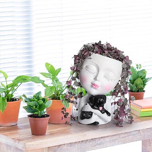 Miniatura 5 de WEWEOW Macetas con cabeza para interior y exterior, maceta con perro, maceta suculenta con agujero de drenaje, bonitas macetas de cara de dama