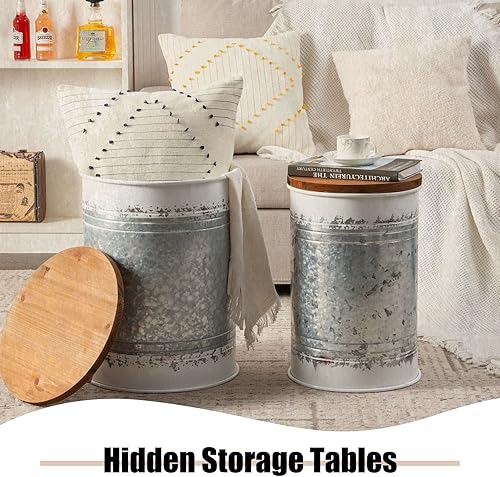 Miniatura 5 de Poofzy Juego de 2 mesas auxiliares de granja, mesa auxiliar de metal galvanizado con tapa de madera, mesa auxiliar de almacenamiento para sala de