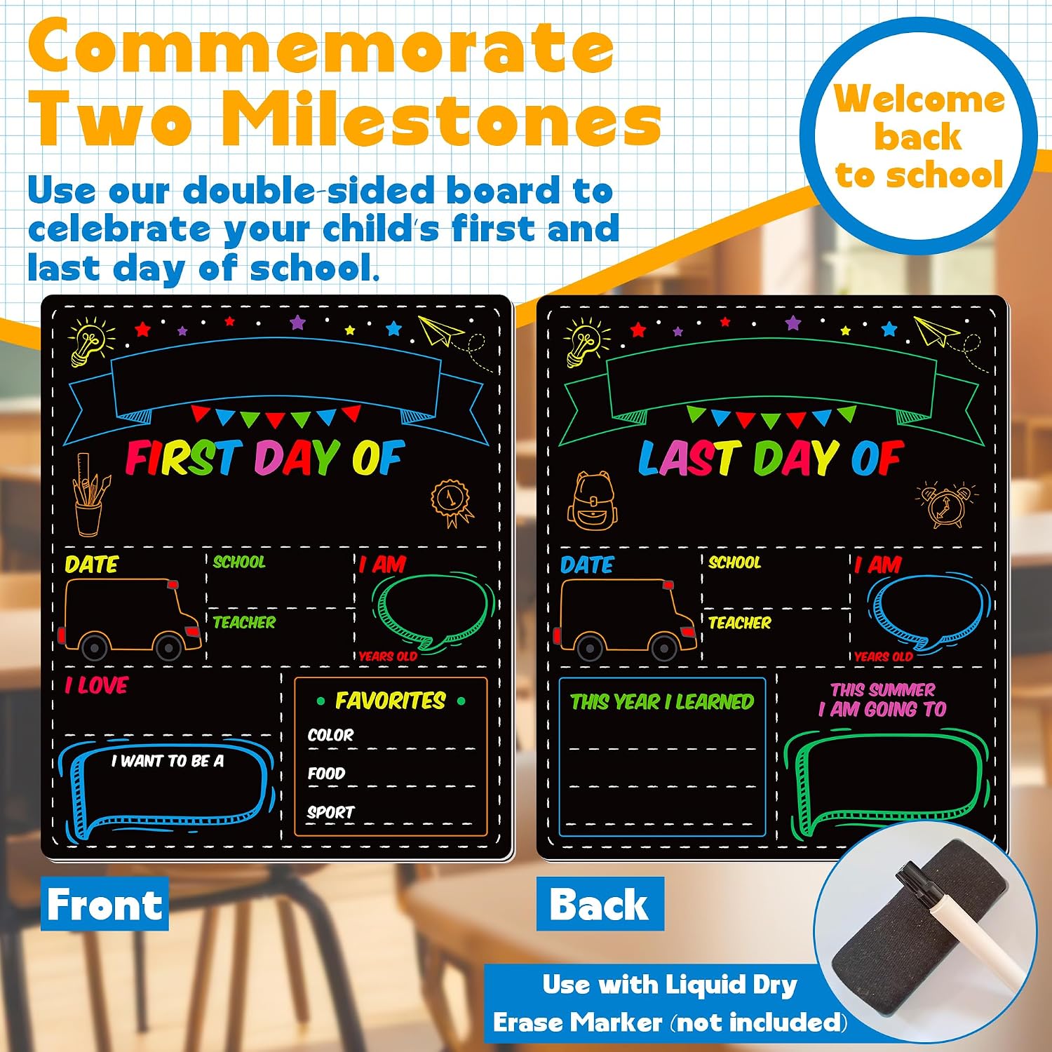 First and Last Day of School Board, Paper Back to Class Chalkboard for Kids | 10 X 12 IN Double Sided First Day of School Board, Blank Writing School Sign, Kindergarten Pre-School Memories and Milestones thumbnail