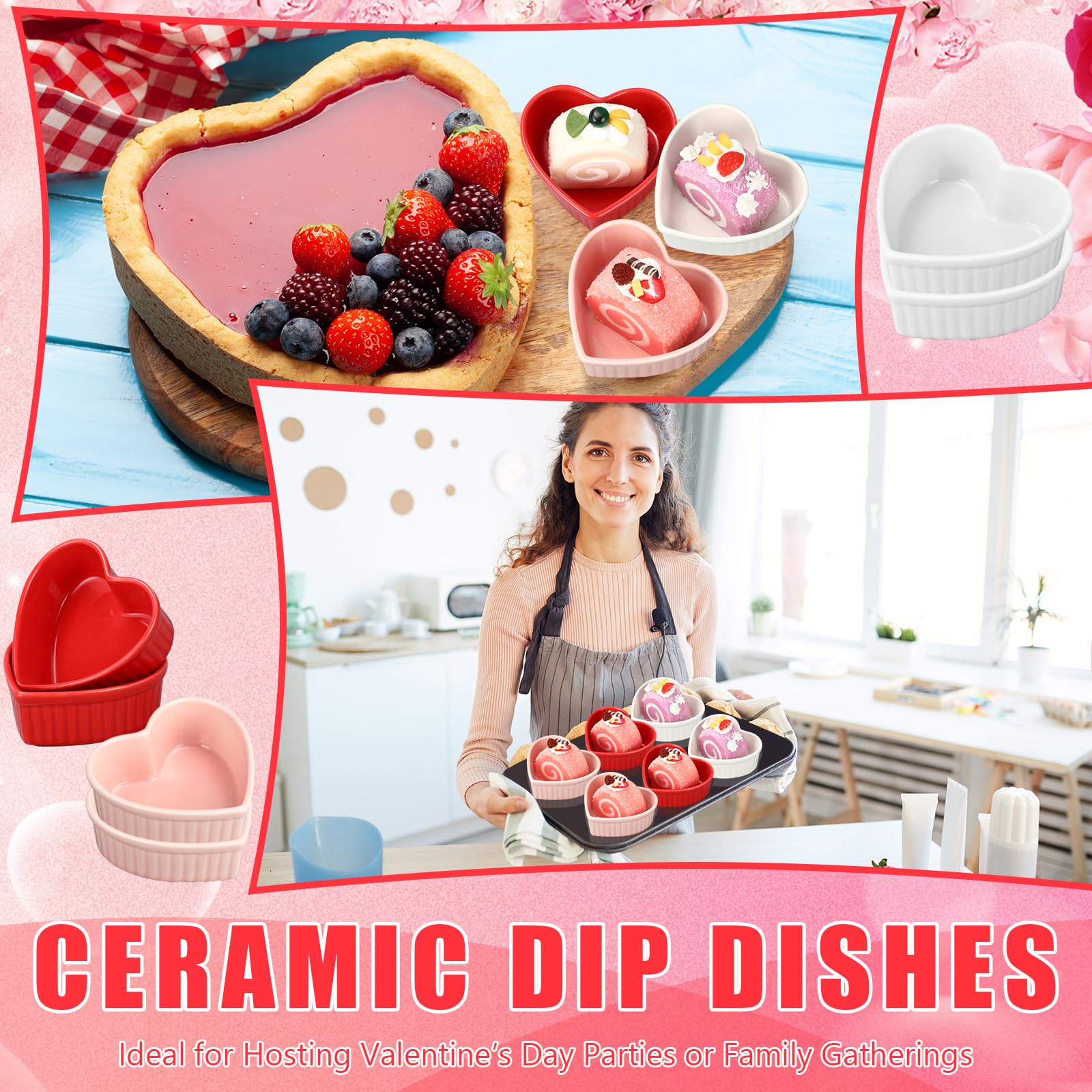 Ramequines de cerámica con forma de corazón para el día de San Valentín, 6 onzas, aptos para horno, platos de crema brulee, cuencos pequeños para hornear, para cocina, fiesta, aperitivos, servir,