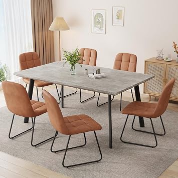 ZckyCine 59" Modern Grey Dining Table Set for Small Spaces, 7-Piece Set with Rectangular Table & 6 Padded Leather Chairs, Compact, Sturdy & Easy to Assemble Table + 6 Brown Dining Chairs, 59"