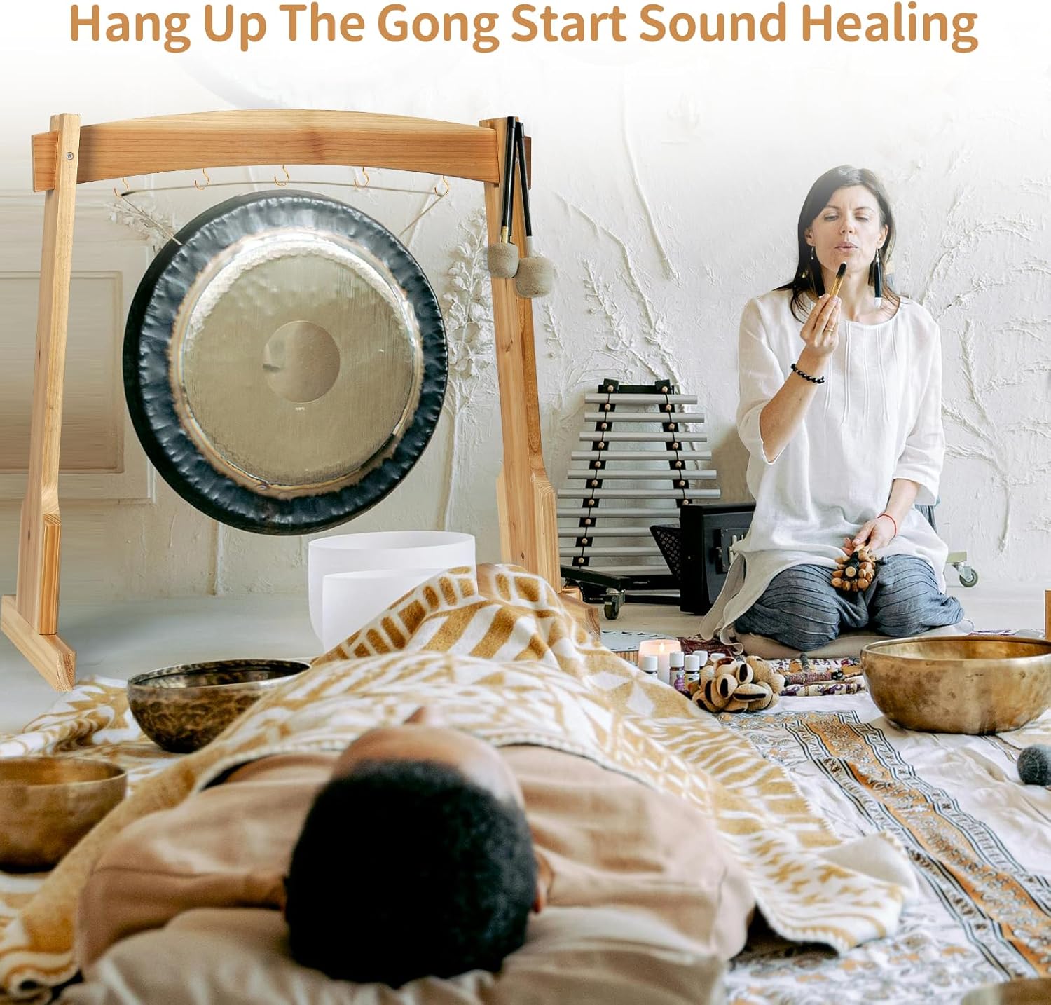 Chime Stand for 5 Chimes, 14" Gong Target Stands, Wind Chimes Wood Stand, Light & Portable Multipurpose Stand, Easy Assembly for Sound Healing, Meditation, Yoga