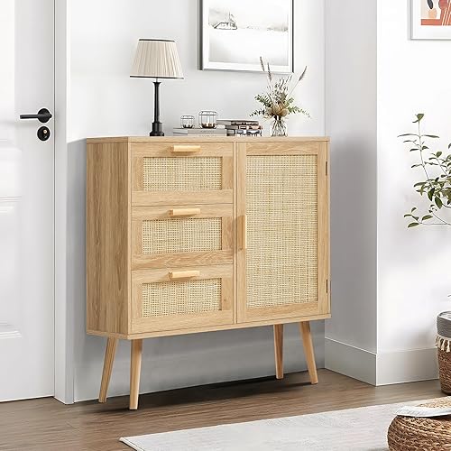Miniatura 2 de Iwell Armario de almacenamiento con puerta de ratán natural y 3 cajones, estante ajustable, gabinete de ratán, aparador para sala de estar, entrada,