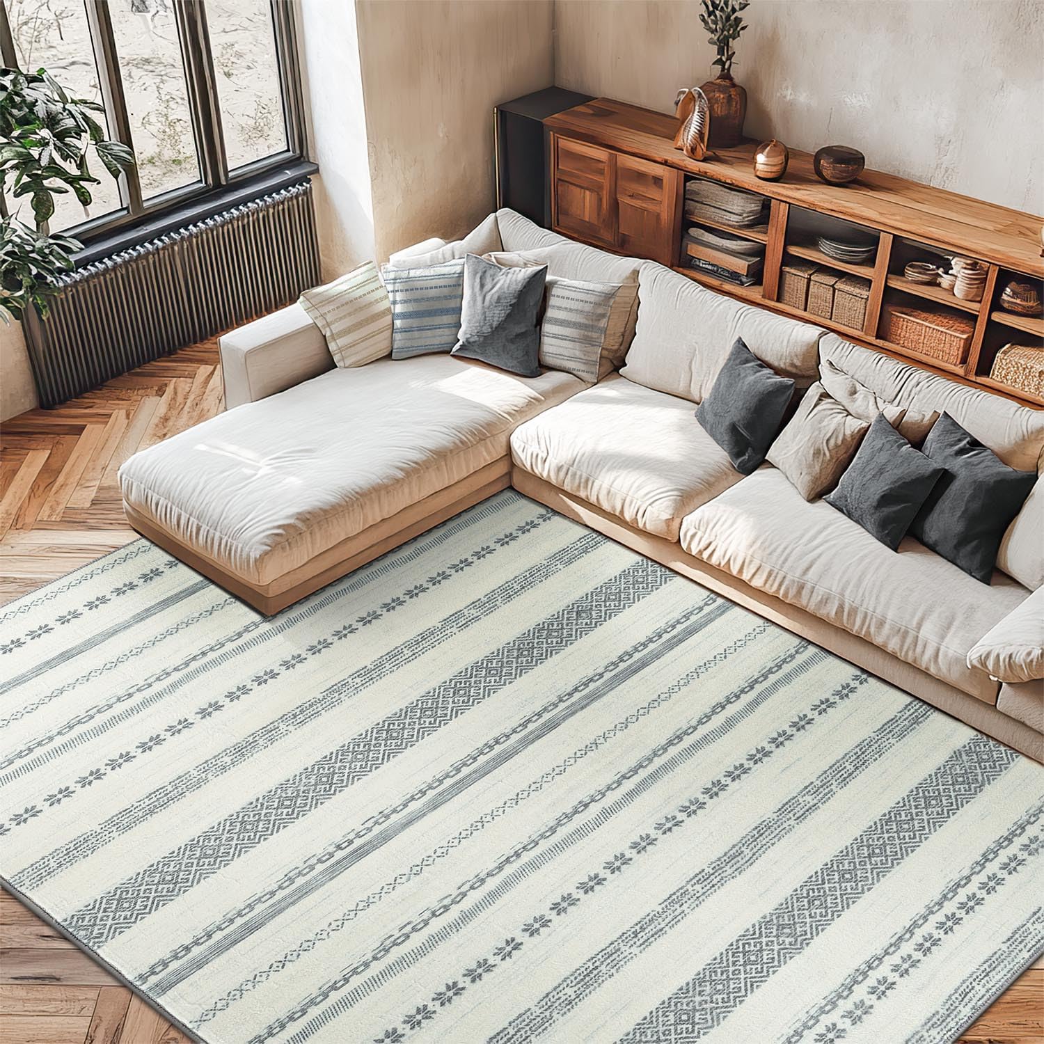 jinchan moroccan boho 8x10 area rugs for living room - machine washable soft throw rug bohemian ripple design non-slip neutral carpet for bedroom dining room home office (8‘x10',grey)