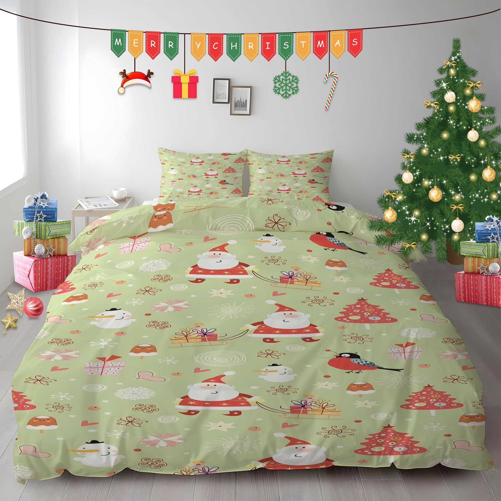 Poszwa na kołdrę 220 x 240 SapindeChristmas Komplet pościeli na Boże Narodzenie, poszewka na kołdrę z mikrofibry i 2 poszewki na poduszki 65 x 65 cm, z zamkiem błyskawicznym