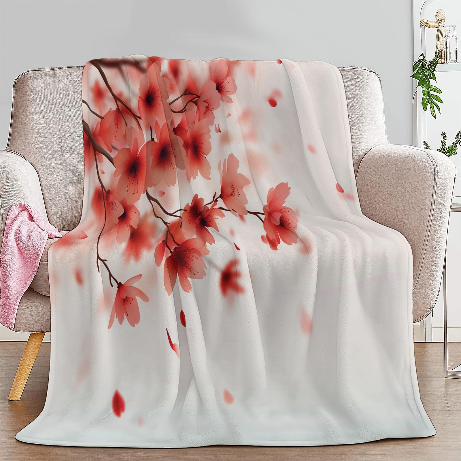 Genérico Manta de Franela de Forro Polar para Niños y Adultos 220 x 240 cm, Mantas para Sofa Estampado Naturaleza Japonés Flores De Cerezo - Manta Crema Suave Cálida Transpirable Ligera
