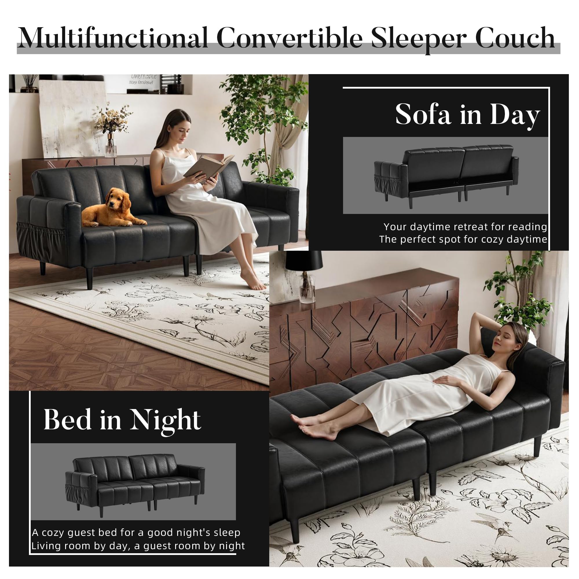 83" Faux Leather Futon Couch,Mid Century Modern Leather Sofa(Black) | Adjustable Backrest,Convertible,Storage Pocket,Wooden&Steel Frame for Office,Living Room,Space-Saving