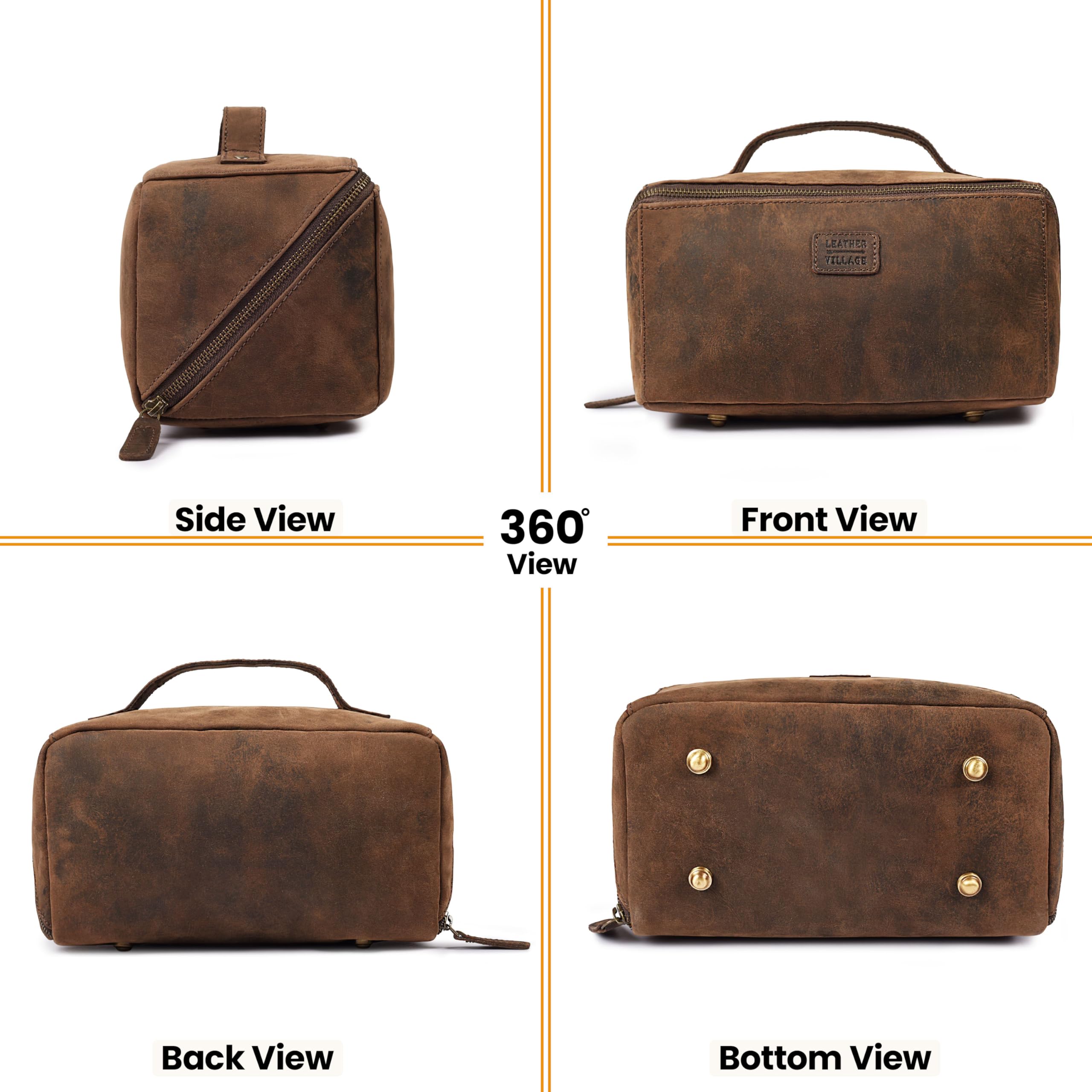 LEATHER VILLAGE Reise-Dopp-Set aus echtem Leder für Damen und Herren, offene flache Kosmetiktasche mit großem Fassungsvermögen und wasserabweisendem Futter, für Hautpflege, Pinsel, Rasur und