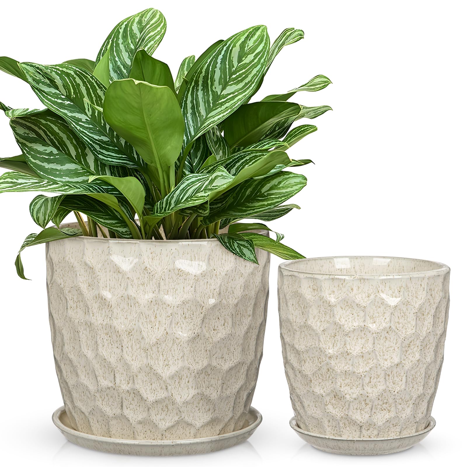 Zestaw doniczek o średnicy 15 + 19 cm, ceramiczna doniczka z podstawką i otworami drenażowymi, kremowo-biała, do użytku wewnątrz i na zewnątrz, doniczka na rośliny, nowoczesna, klasyczna