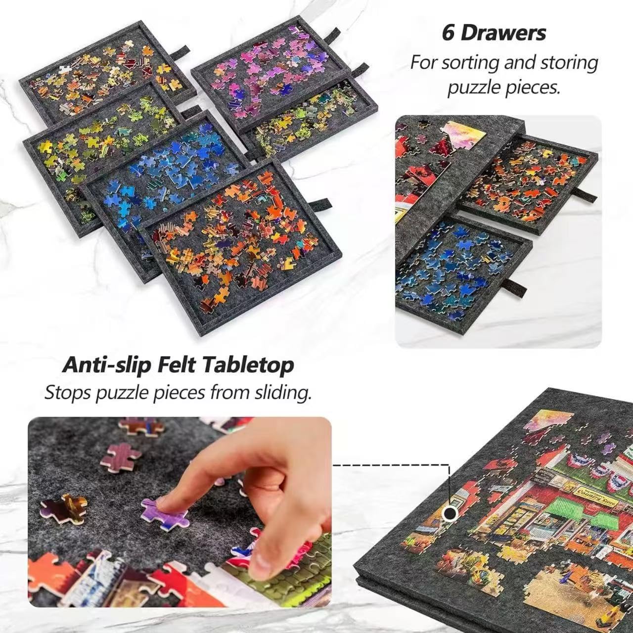 Plateau de puzzle inclinable avec couvercle de support réglable, plateau de puzzle en feutre léger avec 6 tiroirs colorés, 1000 à 1500 pièces pour table de jeux, cadeau pour ad Light Grey 90*63*4.2cm