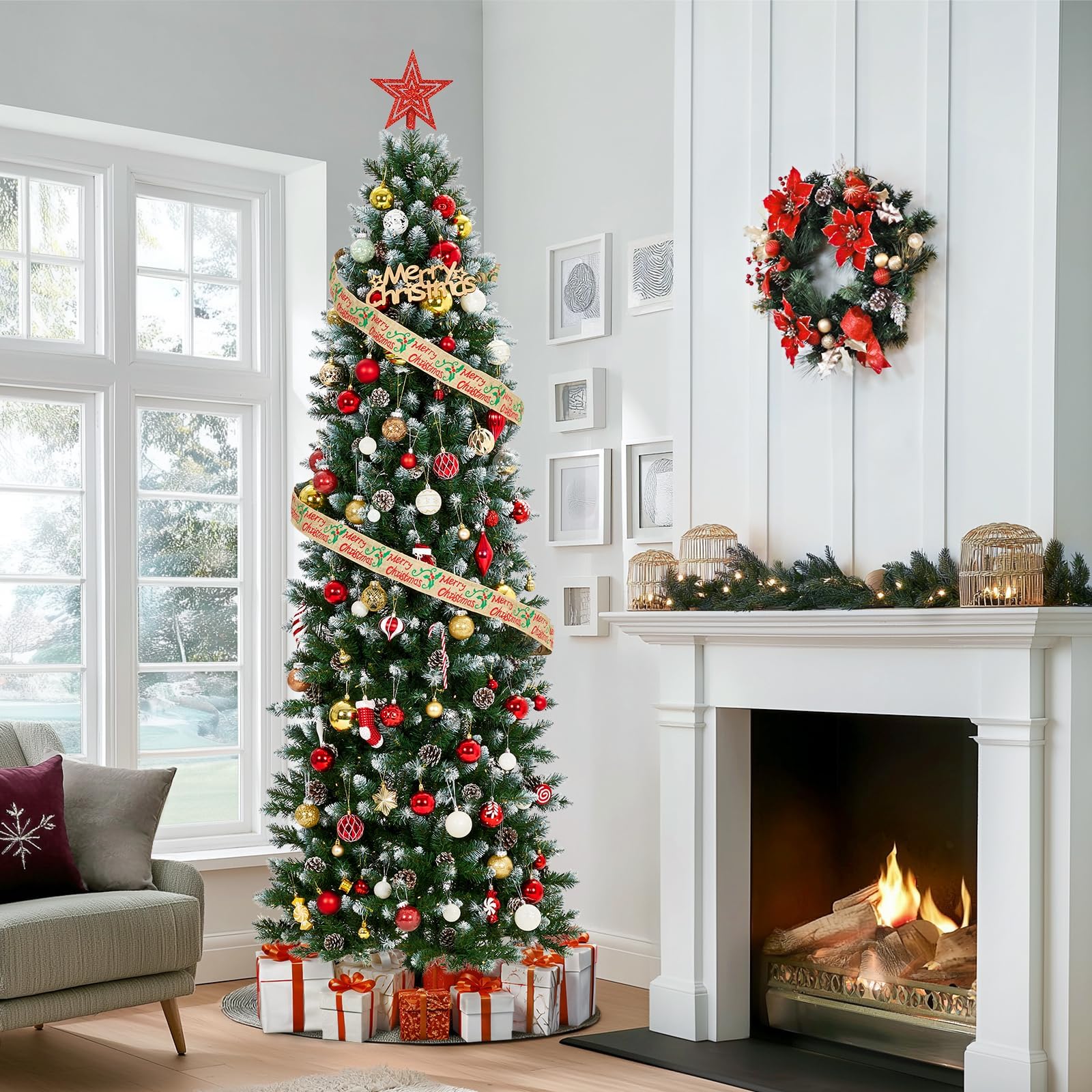 Árbol de Navidad artificial estrecho de 230 cm con iluminación, árbol de Navidad preiluminado, lápiz artificial con conos, agujas y blanco cálido, 350 LED, aprox. 1000 puntas
