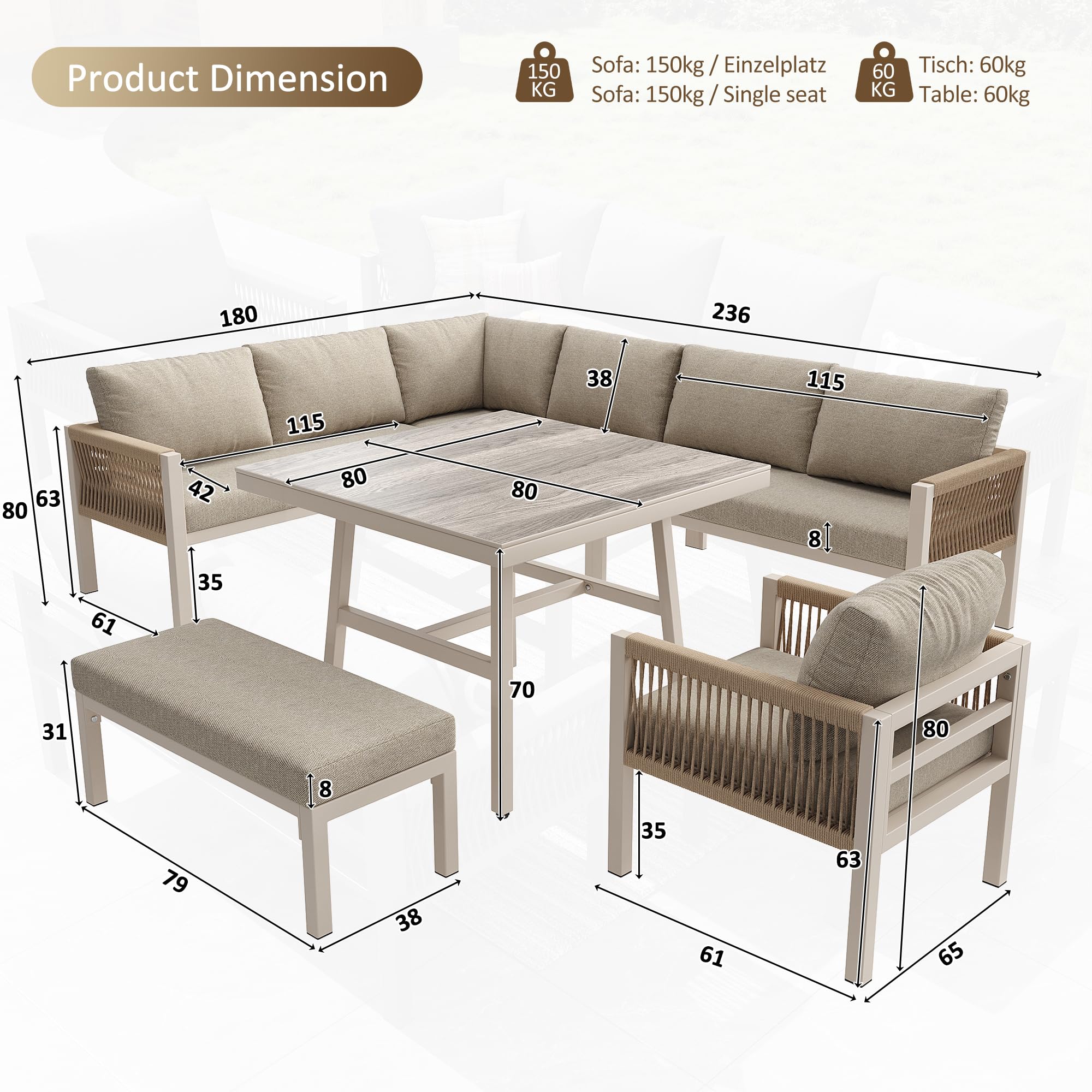 Merax Gartensofa-Set Für 7 Personen - Robustes Eisengestell, Beige Polster, Tisch Mit Holzoptik-Glasplatte, Wetterfeste Terrassenmöbel