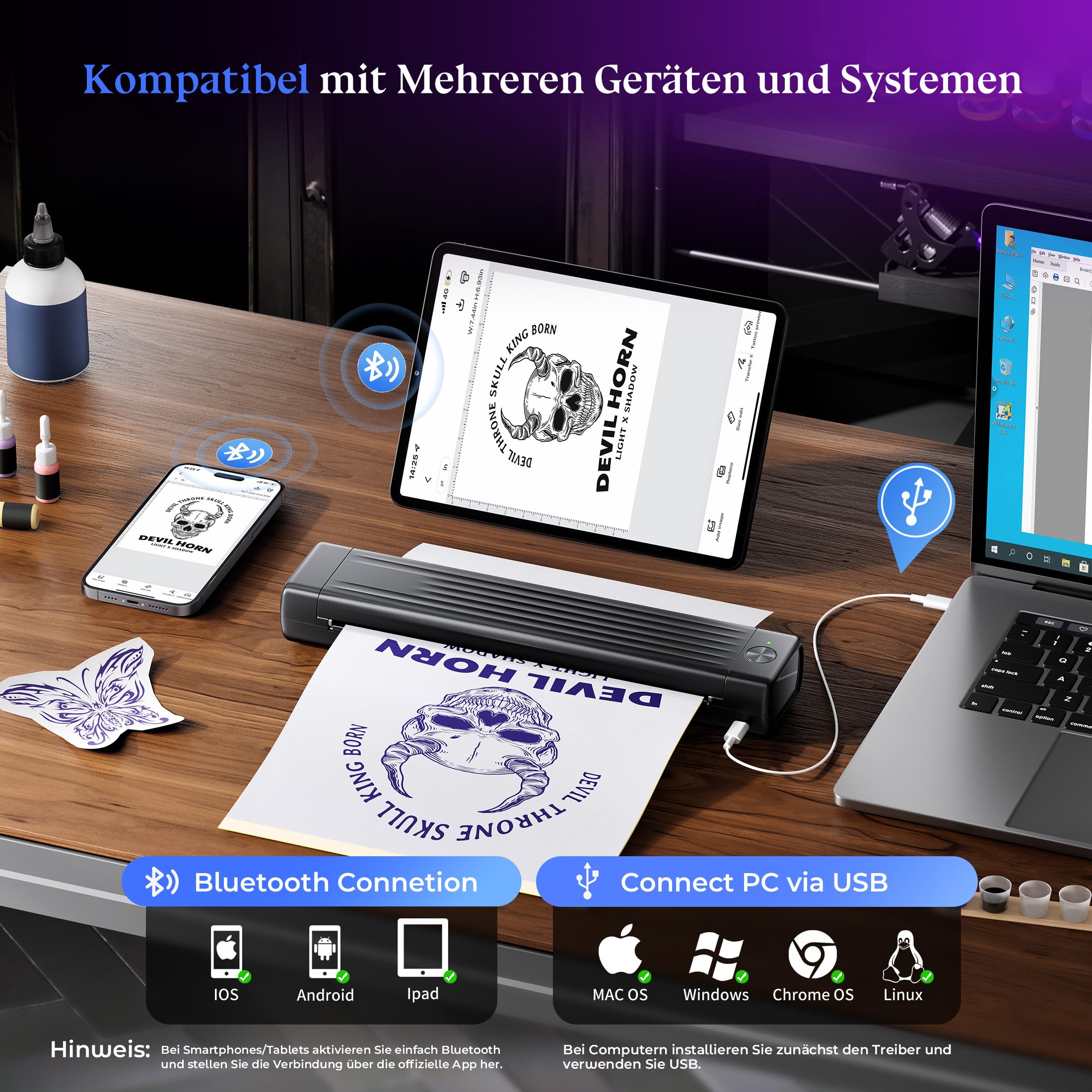 Itari A886 Tattoo Stencil Drucker Bluetooth, Schablone Drucker Übertragungskits Kompatibel mit Smartphone & PC, Thermodrucker Tattoo Maschine mit 10 Blätter Papier für Anfänger und Künstler, Schwarz