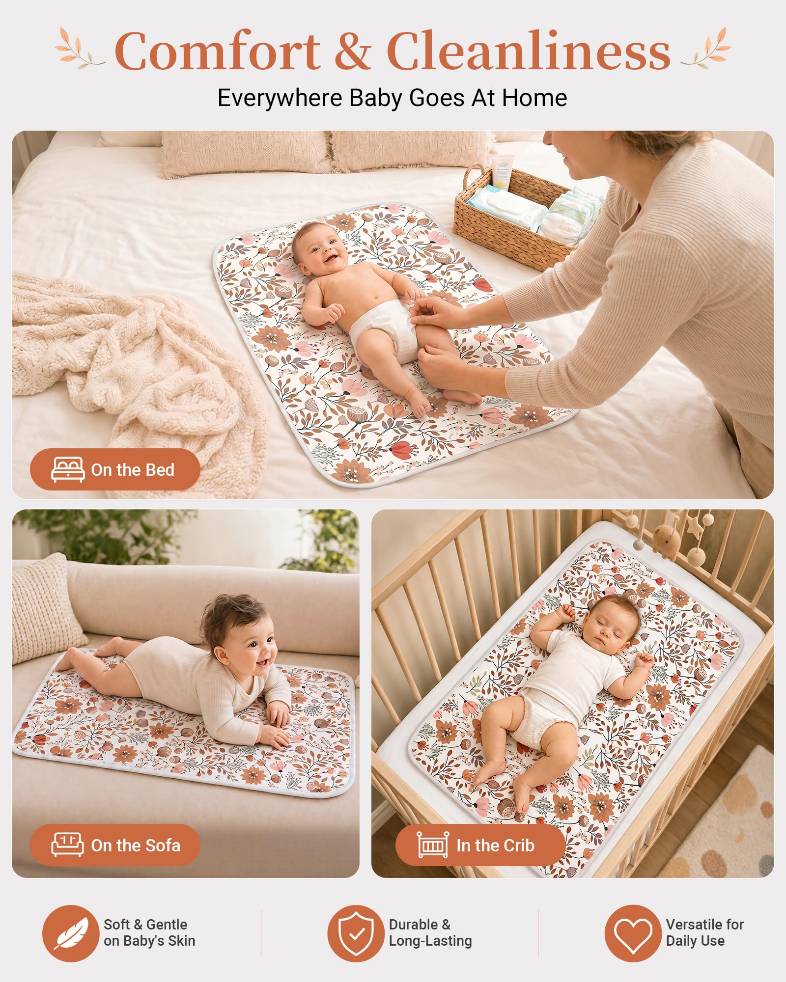 Cambiador de pañales para bebé, tapete de cambio de flores, almohadilla de cambio impermeable de 3 capas, tapete plegable absorbente para mujeres, almohadillas reutilizables para incontinencia para
