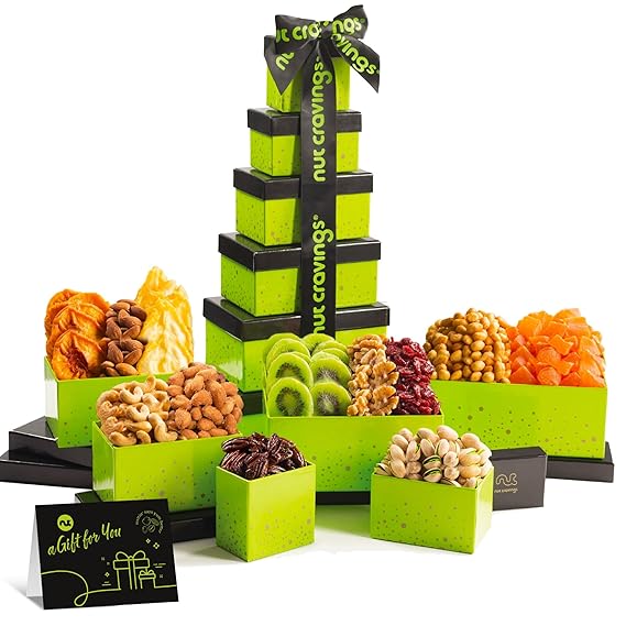 NUT CRAVINGS - Holiday Christmas Dried Fruit & Mixed Nuts Gift Basket Green Tower + Ribbon (12 Assortments) Xmas Treats for Adults, Food Arrangement, Healthy Snack Care Package, Kosher
