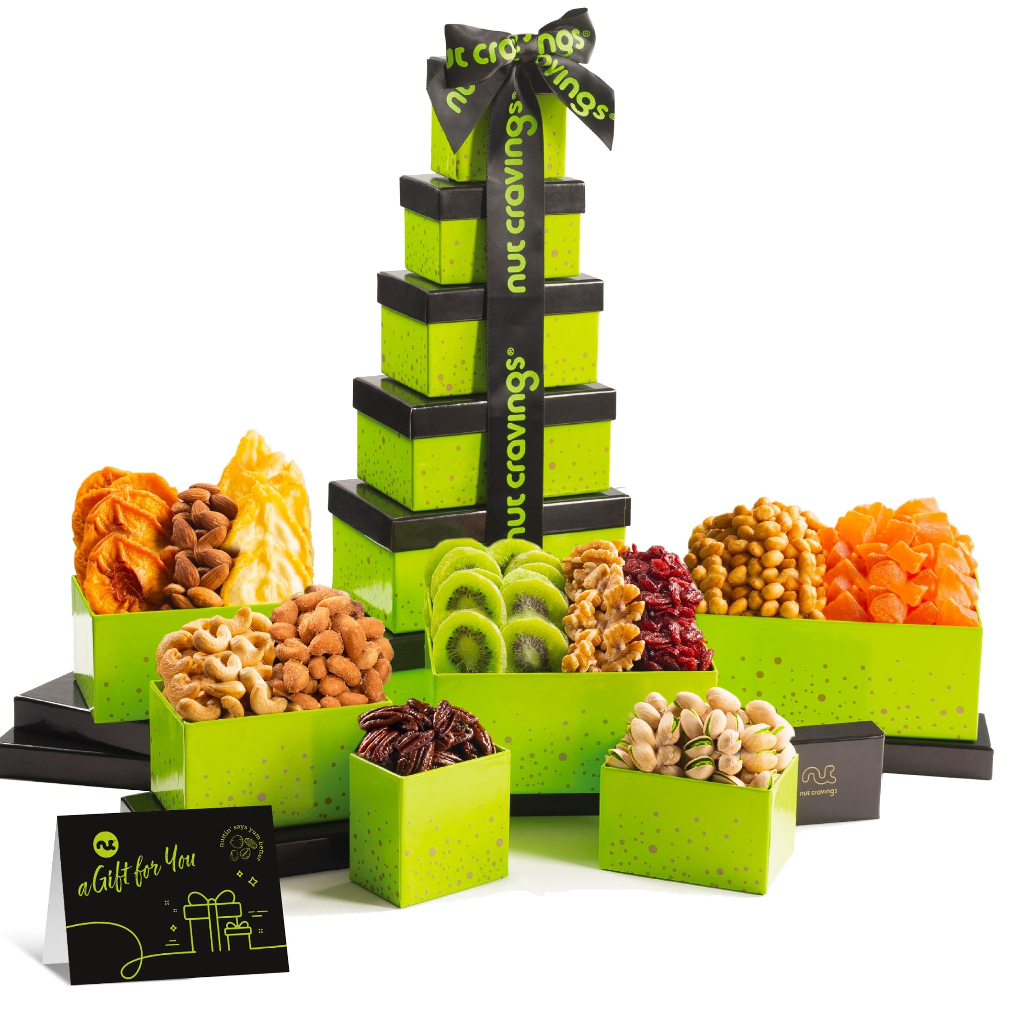 NUT CRAVINGS - Valentines Day Dried Fruit & Mixed Nuts Gift Basket, Green Tower + Ribbon (12 Assortments) Treats for Adults, Food Arrangement, Healthy Snack Care Package, Kosher