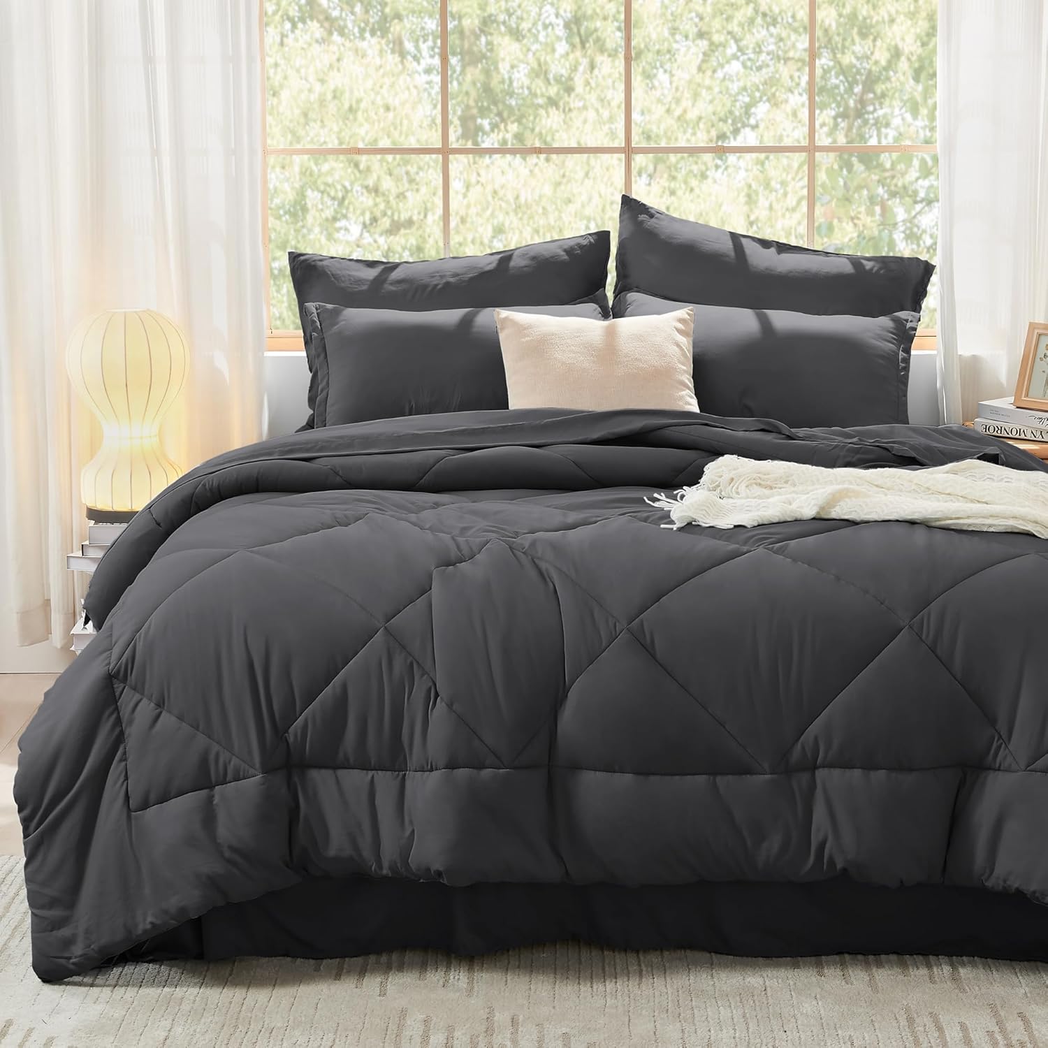 Litanika Dark Grey Queen Comforter Set with Sheets - 7 Pieces Bed in a Bag Queen Size Beddding Sets, Solid Lightweight Reversible Bed Set with Comforter, Sheets, Pillowcases & Shams Queen Dark Grey
