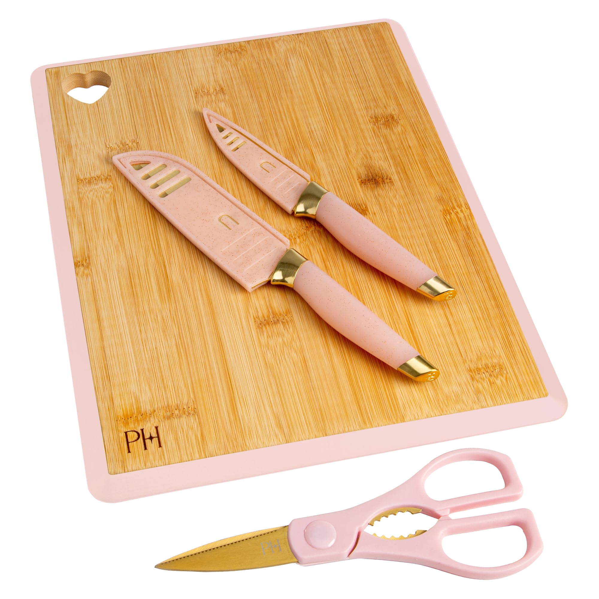 Paris Hilton 6 Piece Knife Set, Stainless Steel, Bamboo Cutting Board, Includes Santoku Knife, Paring Knife, Kitchen Scissors & Reversable Chopping Board, Blade Guards, Glitter Handles, Pink & Gold