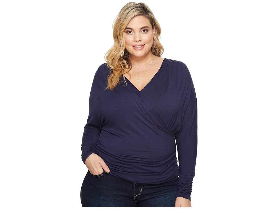 

Kiyonna Femme Faux Wrap Top (Navy) Women's Long Sleeve Pullover