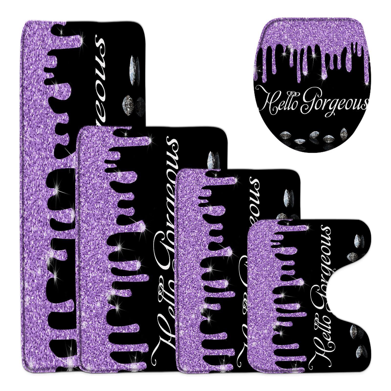 5 Pieces Bathroom Rug Sets,Hello Gorgeous Bling Diamond Black Purple 18"x30"and 24"x36" and 18"x48" Memory Foam Bath Mats,Toilet Cover,U-Shaped Toilet
