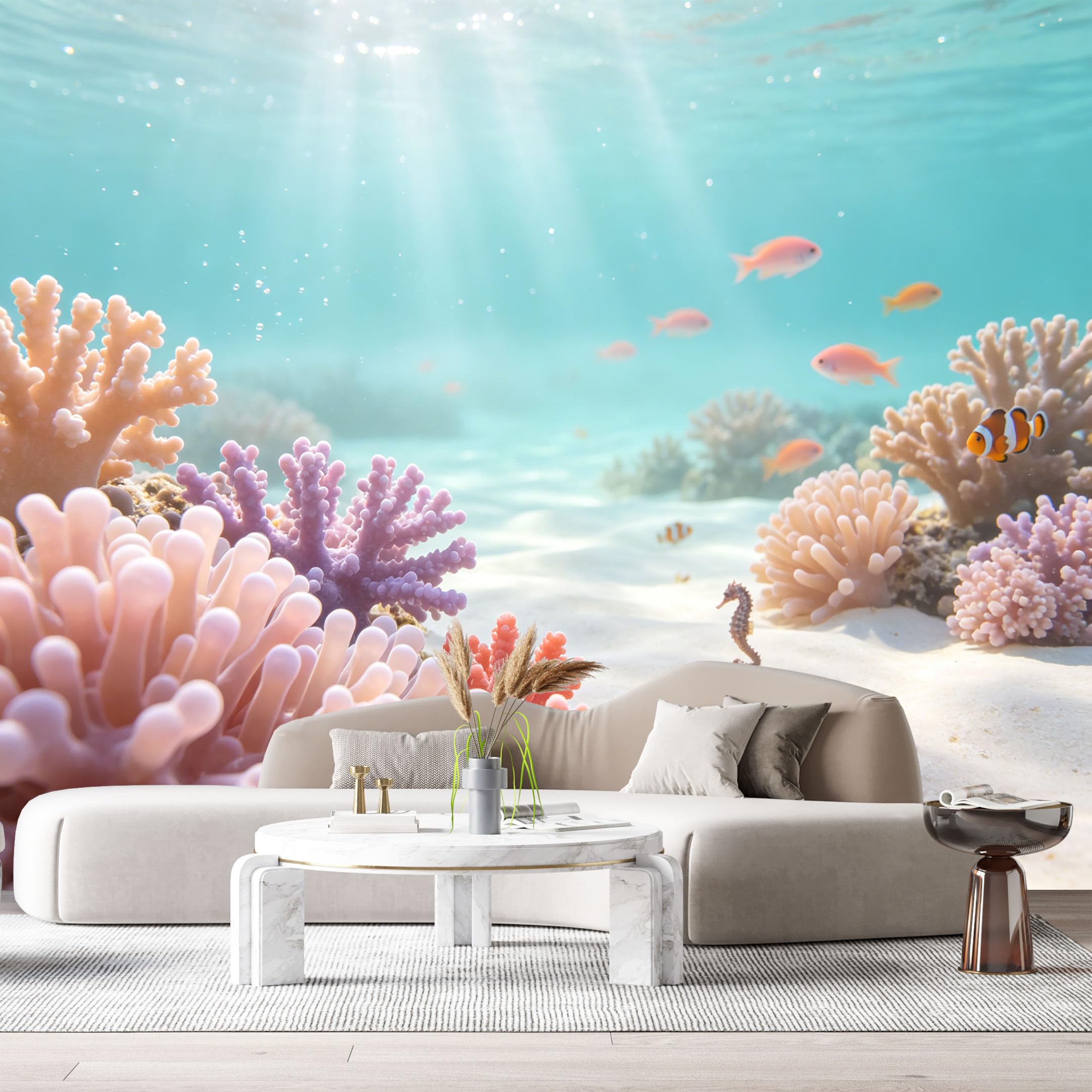 Custom Size Wall Murals Marine Ocean Tropical Coral Reef Seahorse Underwater Seascape SelfAdhesiveWall Fabric Removable Wallpaper Wall Decor for Living Room Bedroom Bathroom