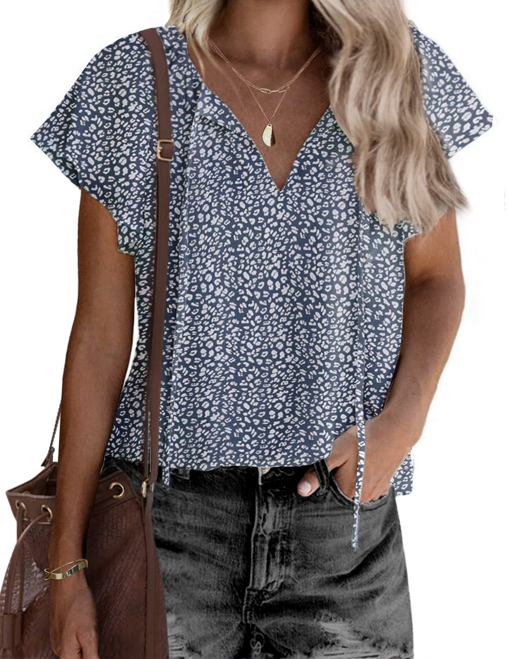 Chigant Womens Summer Floral Print Shirts Causal Short Sleeve Ruffle Boho V Neck Tie Blouses Top