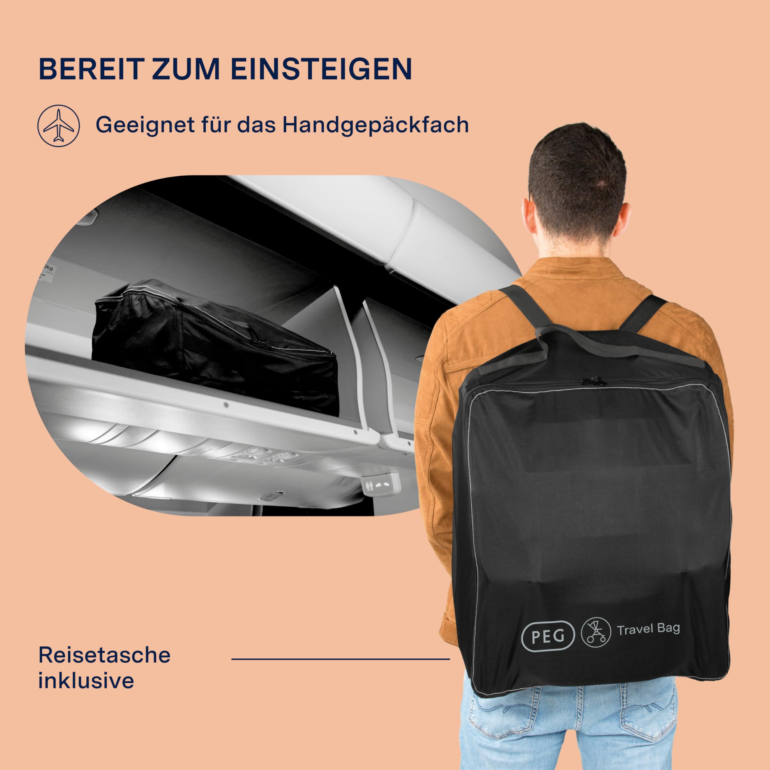PEG Leichter Buggy Volo mit Regenschutz, Handgepäckgröße, Flugzeuggeeignet, Kompakt, Ab Geburt bis 22 kg, Reisetasche Inklusive, True Black