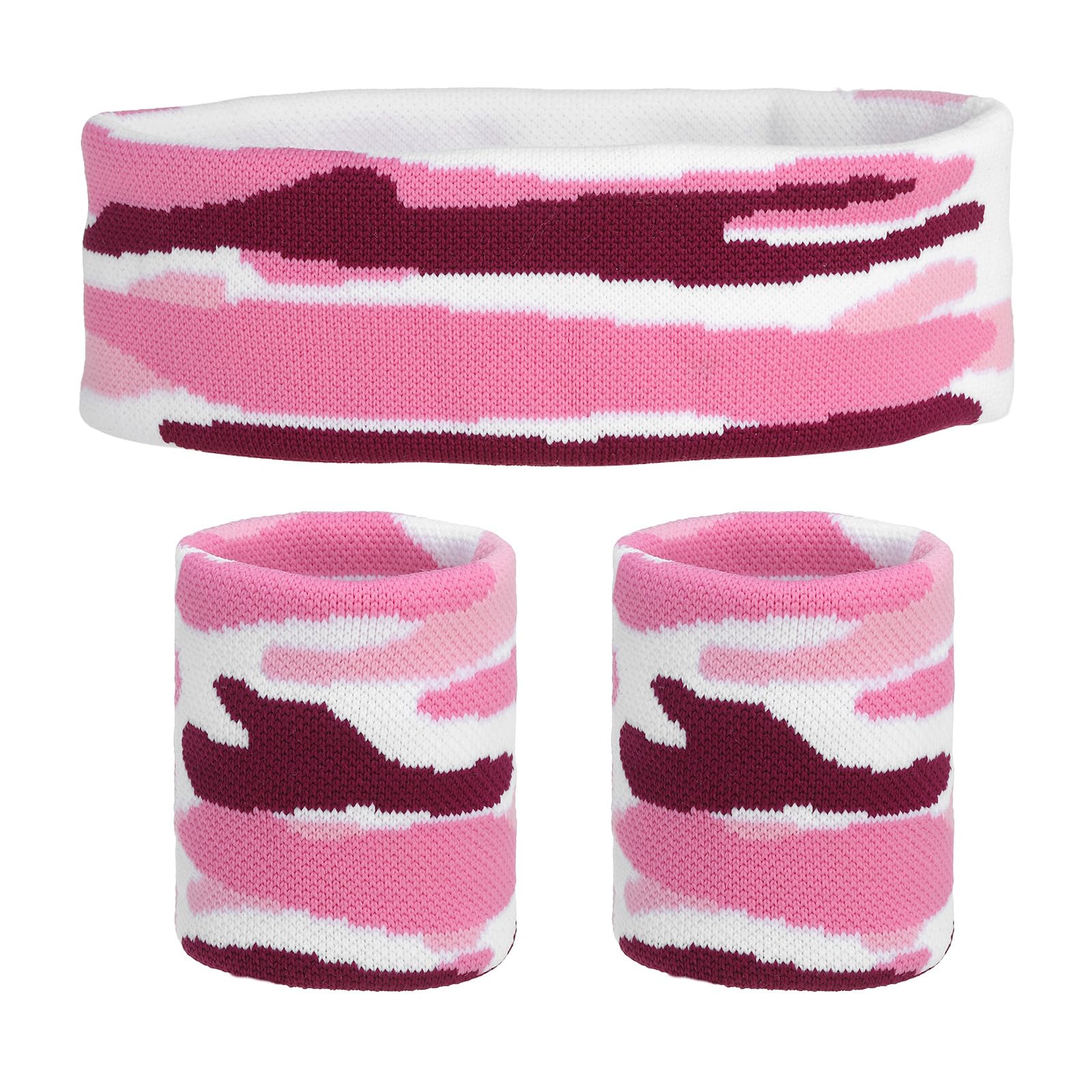 sourcing map Sweat Band Set Sports Terry Cloth Headband Wristband Set 8"x2" Moisture Wicking Sweat Absorbing Head Band for Women Men Workout Exercise (Striped Camouflage Pink)