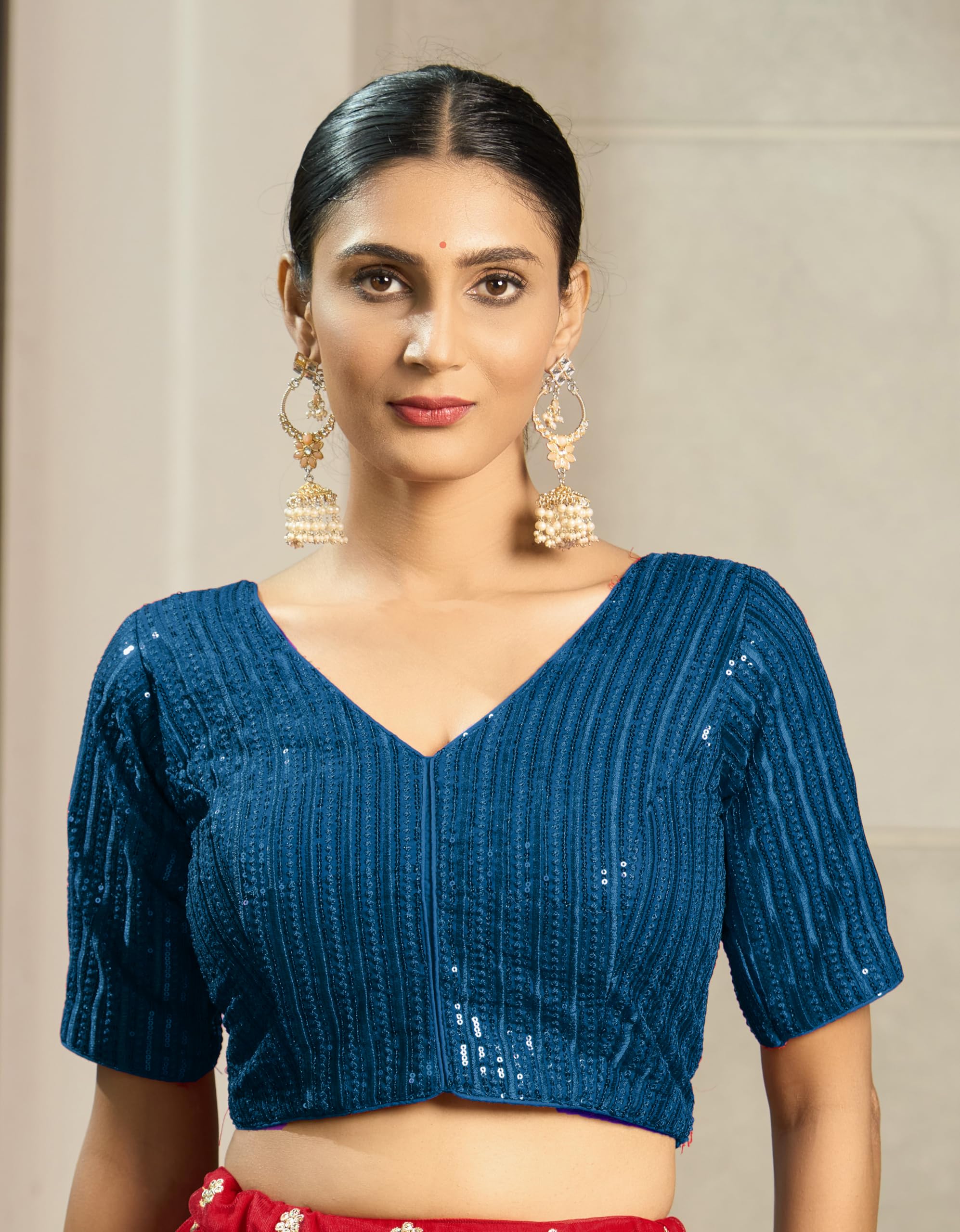 Vihu Fashion Women's Indian Ethnic Wear Designer Silver Sequence With Matching Embroidered Work V Neck Half Sleeve Readymade Padded Saree Blouse Readymade Unique Morpeach Color Saree Blouse