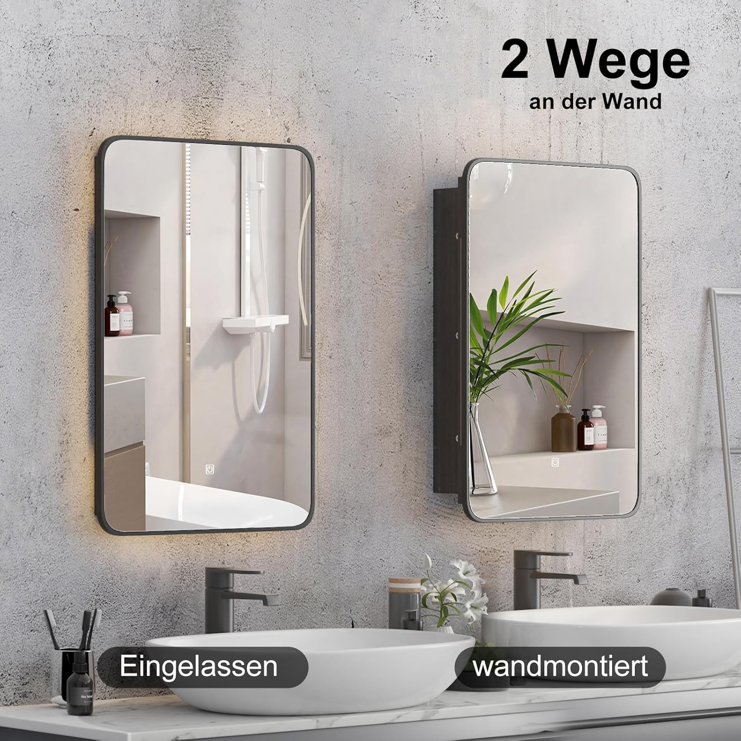 Spiegelschrank Bad mit Ambient-Stimmungsbeleuchtung, Badschrank Hängend mit Spiegel und Ablage, Badezimmer Spiegelschrank, Wandschrank, Stufenlos dimmbar, 51x76 cm Schwarz