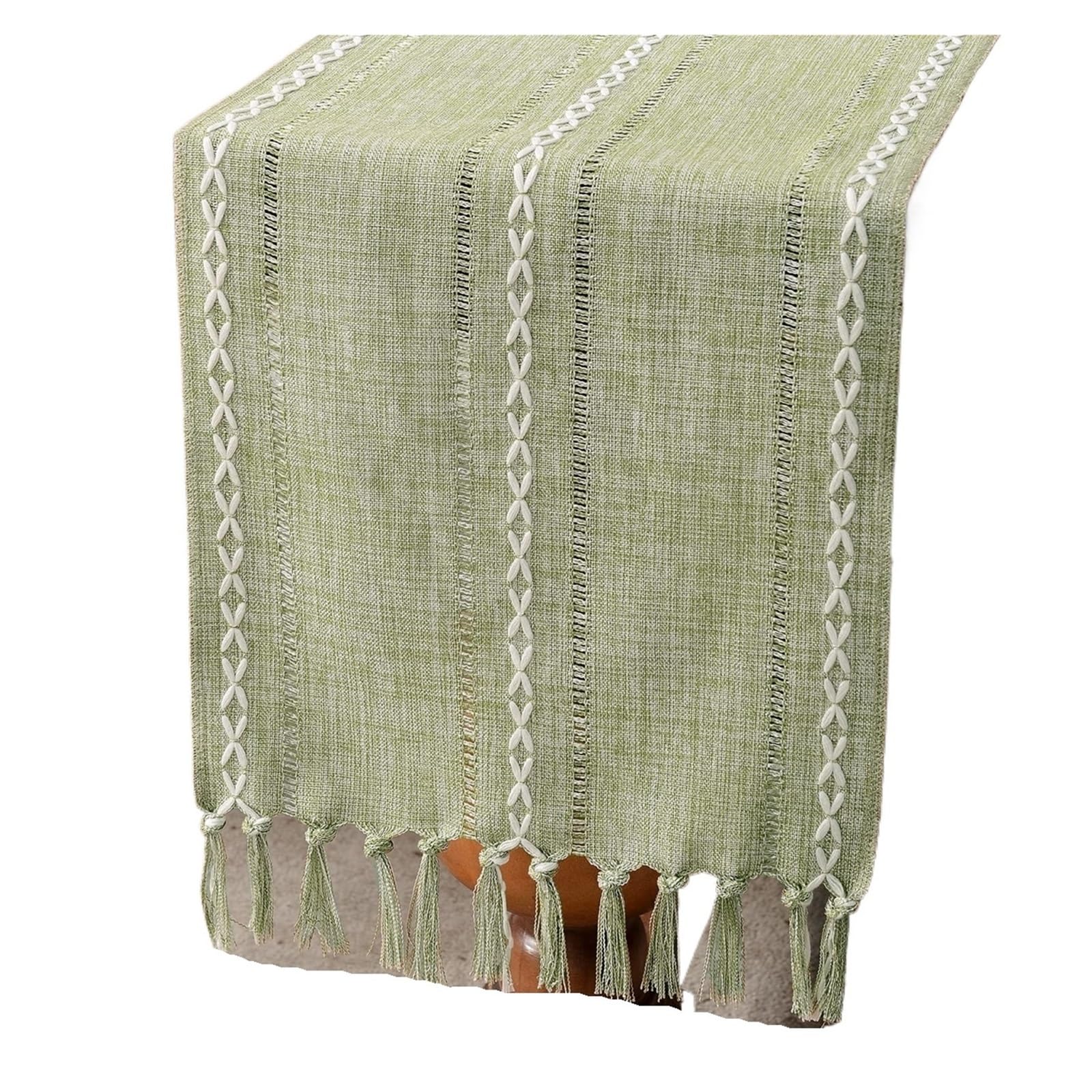 Linen Table Runner Farmhouse Rustic Runners With Tassels For Dining Kitchen Coffee Party Dresser Decoration For Home Party Decor(Green,33x275cm)