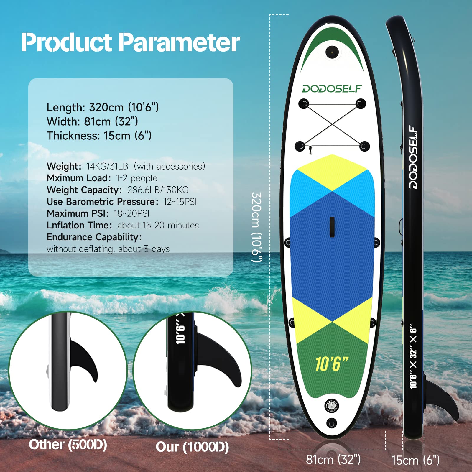 Paddle Gonflable DODOSELF – SUP 320x81x15 Cm Pour Adultes Et Enfants, Avec Pagaie, Pompe, Aileron, Corde Et Sac à Dos (adultes 120 Kg / Enfants 80 Kg)