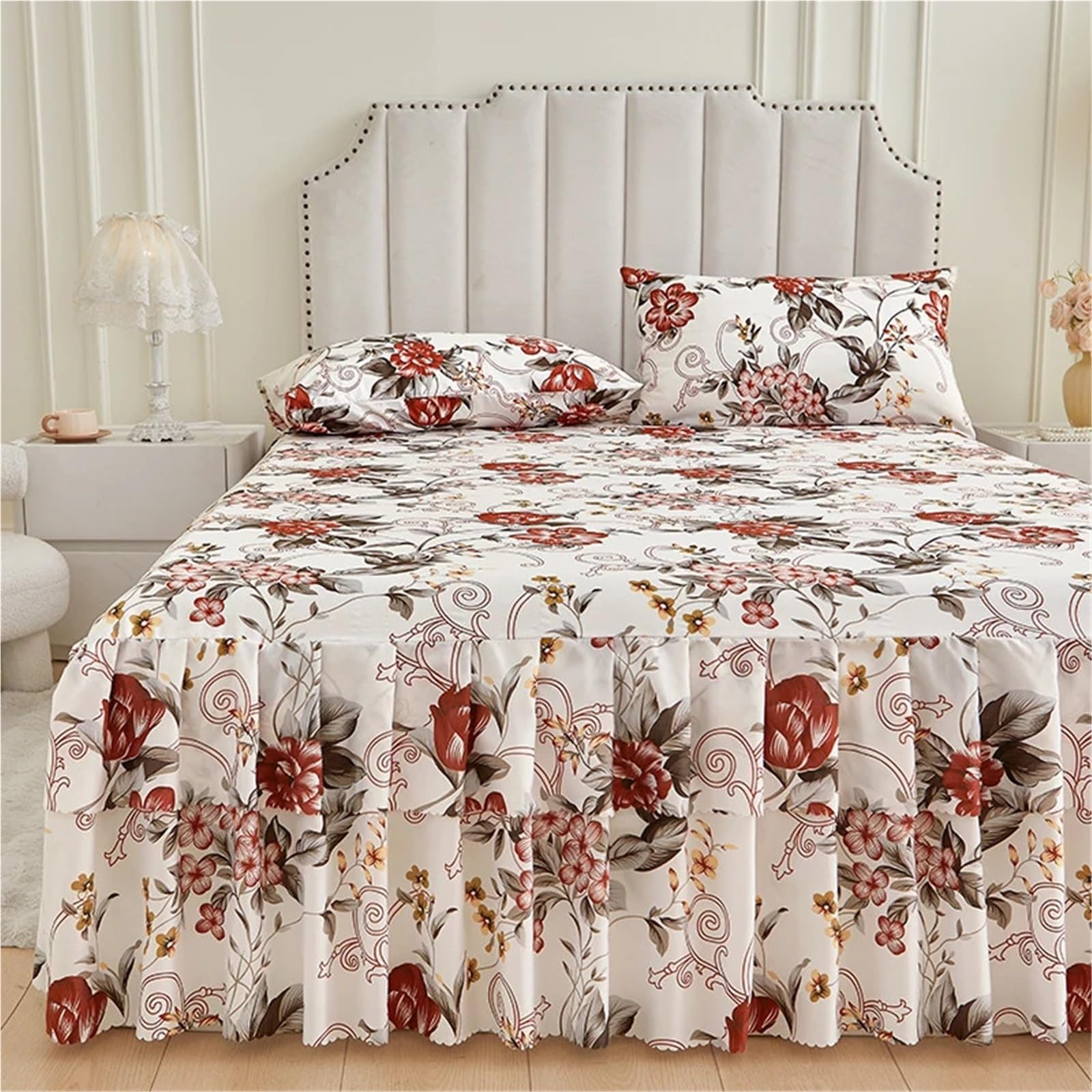 Bettrock mit Rüschen,Betthusse 3 stücke Set Floral Stil Bett Rock Und Kissenbezug Rüschen Abdeckung Hause Weiche Bettdecke Leinen(Mudanhuakai,200x200cm 3pcs Set)