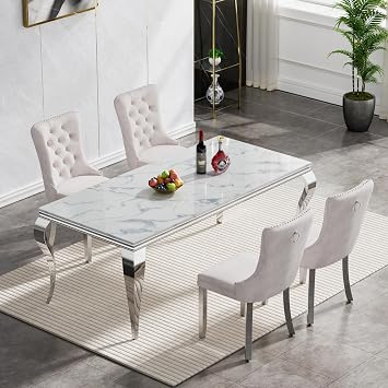 Modern Faux Marble Dining Table Set for 4, Luxury White Marble Kitchen Table and Beige Tufted Chair Set for 4, 5-Piece Pedestal Dining Room Table Set with Silver Stainless Steel Legs