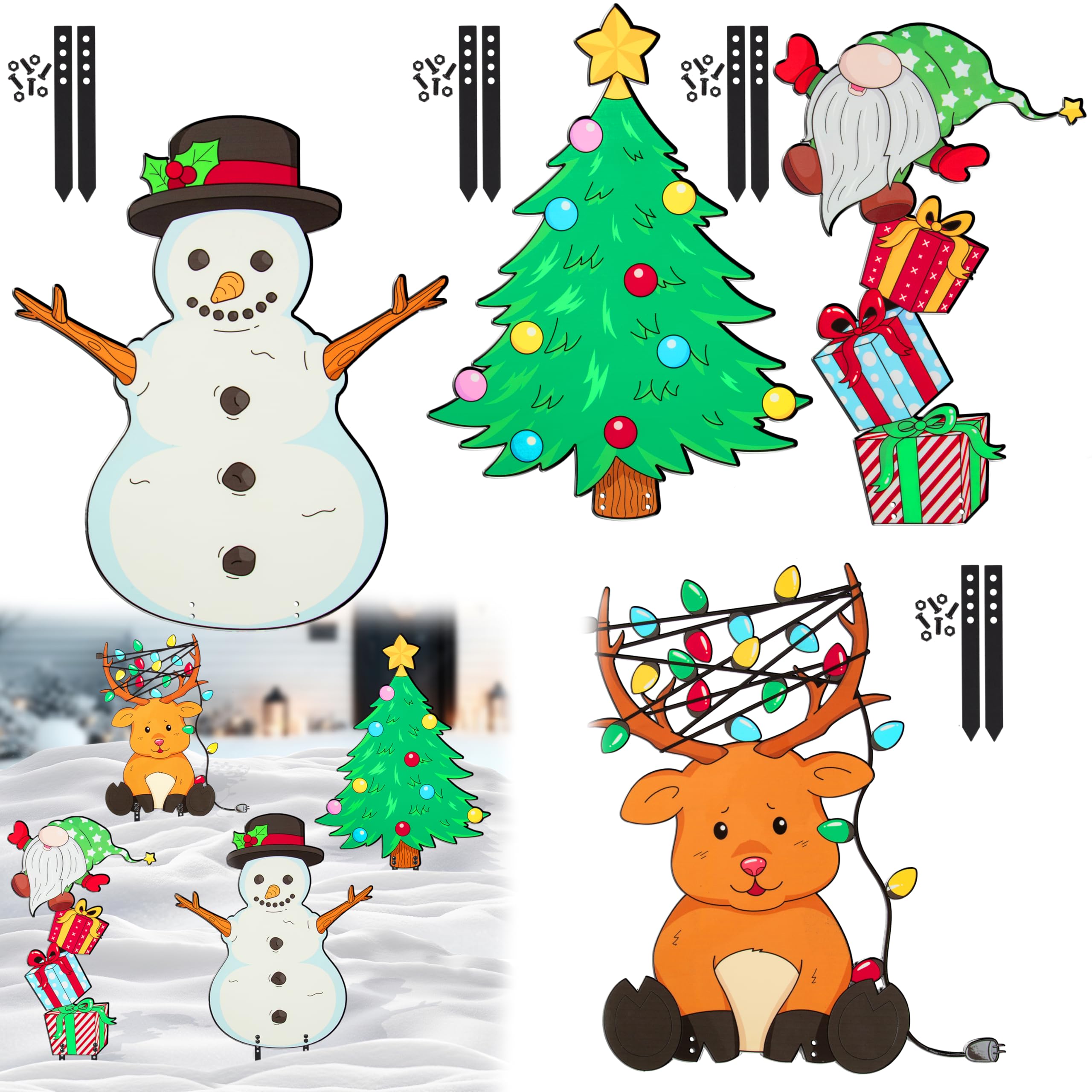 Lot de 4 grandes décorations de Noël en métal avec 4 piquets de 15,2 cm, décoration de vacances d'hiver durable XL pour l'extérieur : pelouse, jardin, terrasse, allées, 40,6 cm
