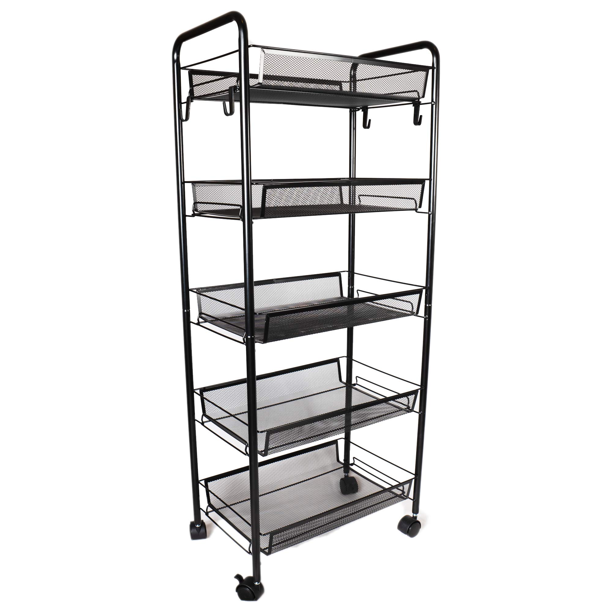 5 Tier Rolling Utility Storage Trolley Cart on Wheels Craft Toy Bedroom Kitchen Storage & Organisation Hostess Nappy Metal Trolley Laundry Bathroom Storage Unit Rack Organizer Shelve Easy Assemble
