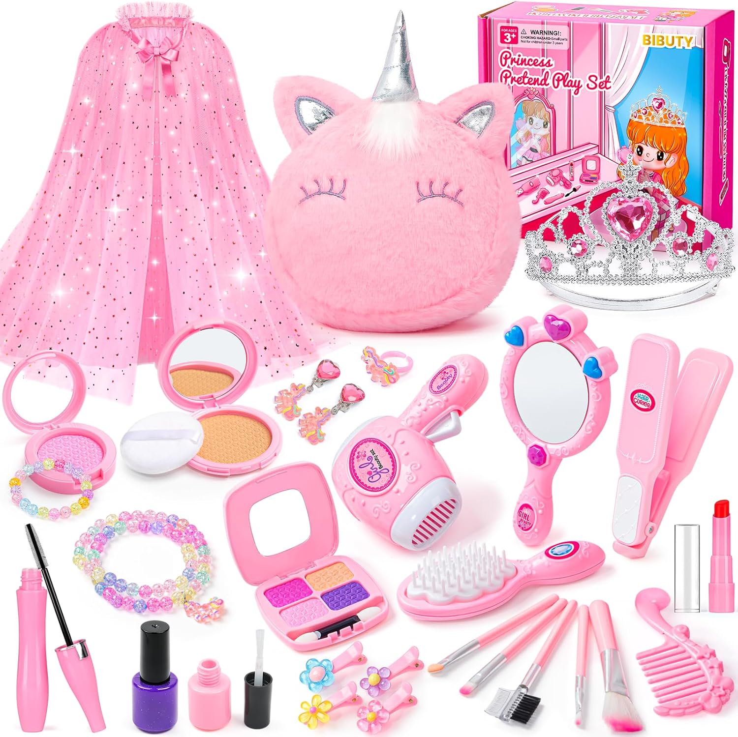 Kids Makeup Kit for Girl, Princess Toys Pretend Play Makeup Girls Toys, Kids Makeup Sets for Girls Beauty Salon Set Hair Accessories with Mirror, Hairdryer, Princess Cape Crown Handbag,Birthday Gifts