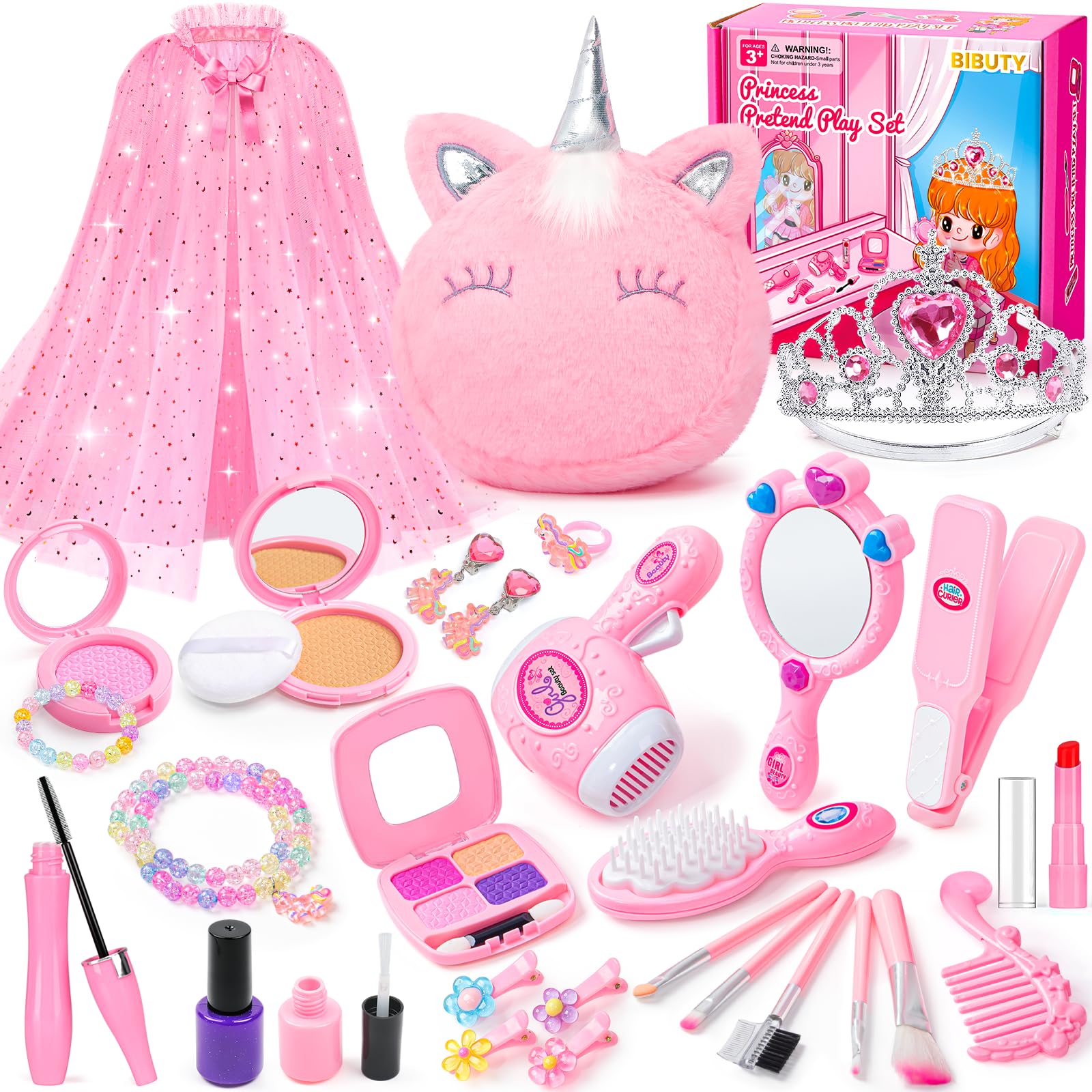 Kids Makeup Kit for Girl, Princess Toys Pretend Play Makeup Girls Toys, Kids Makeup Sets for Girls Beauty Salon Set Hair Accessories with Mirror, Hairdryer, Princess Cape Crown Handbag,Birthday Gifts